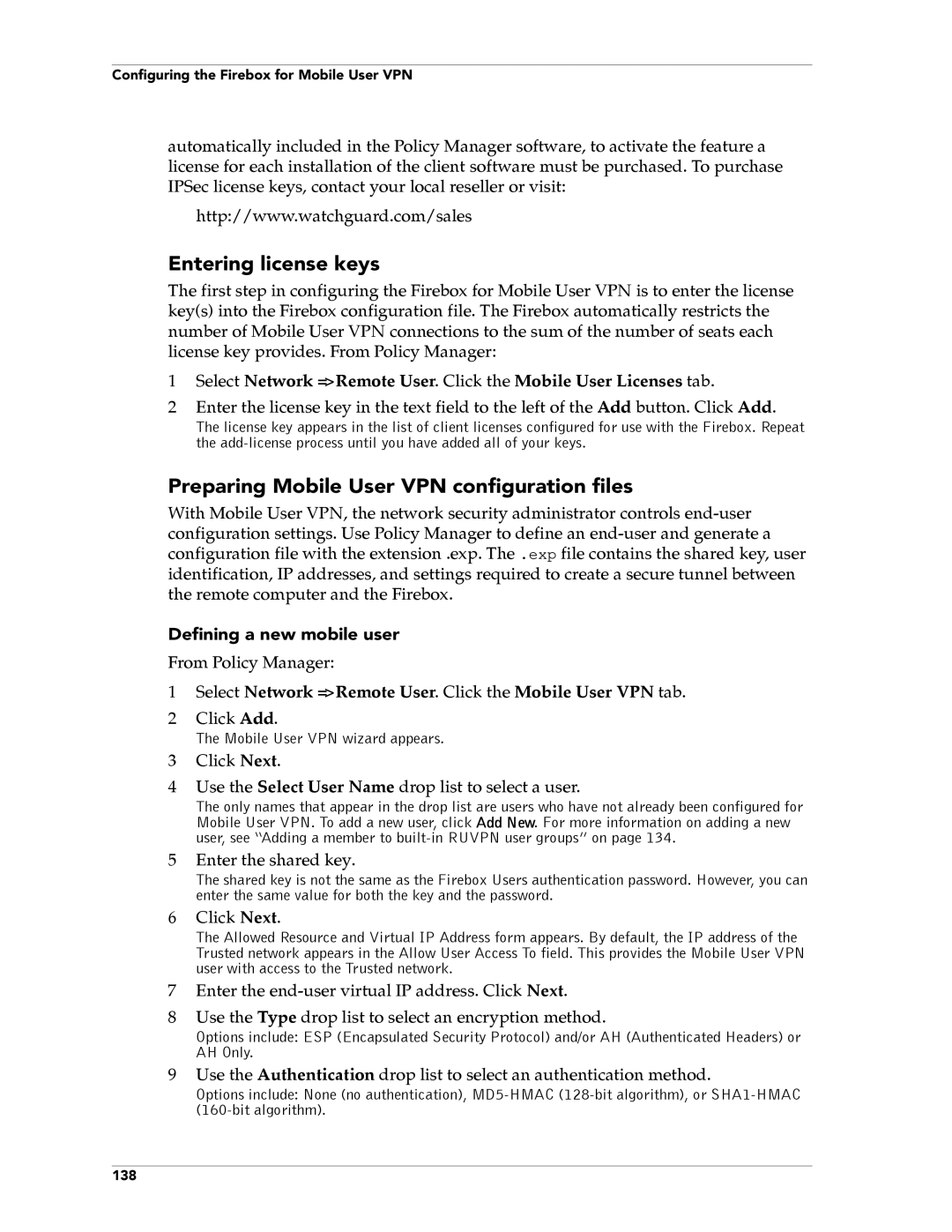 WatchGuard Technologies FireboxTM System 4.6 manual Entering license keys, Preparing Mobile User VPN configuration files 
