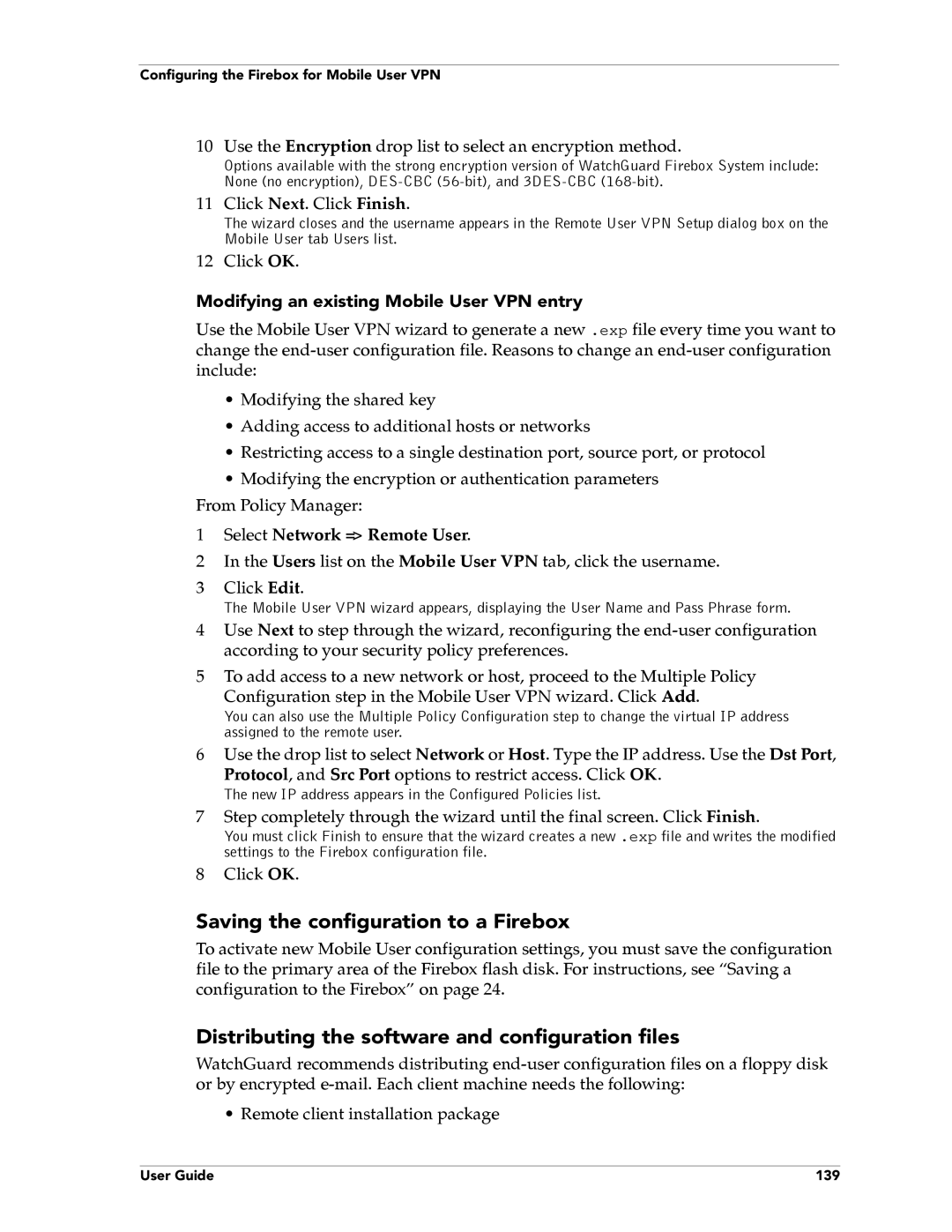 WatchGuard Technologies FireboxTM System 4.6 manual Saving the configuration to a Firebox, Select Network = Remote User 