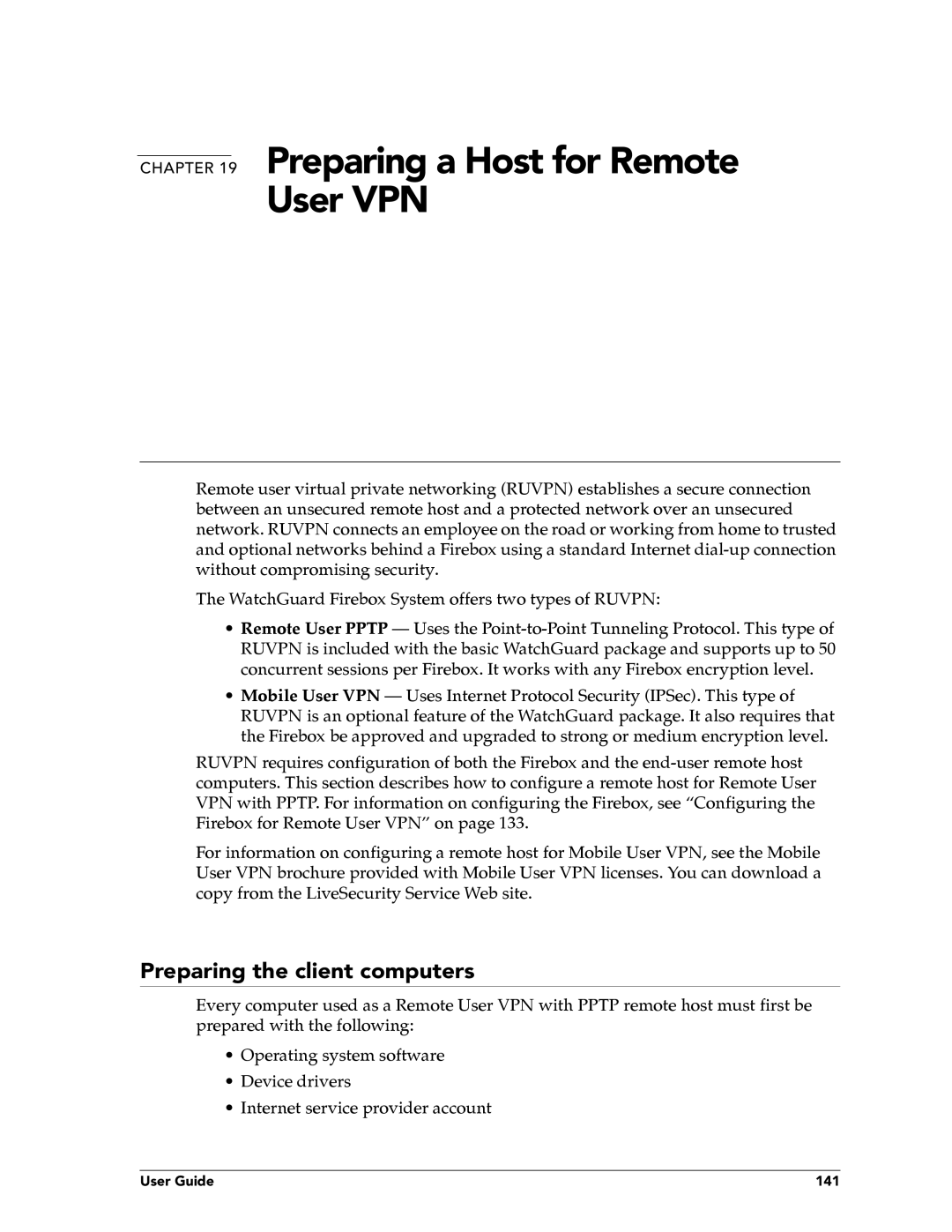 WatchGuard Technologies FireboxTM System 4.6 manual Preparing a Host for Remote User VPN, Preparing the client computers 