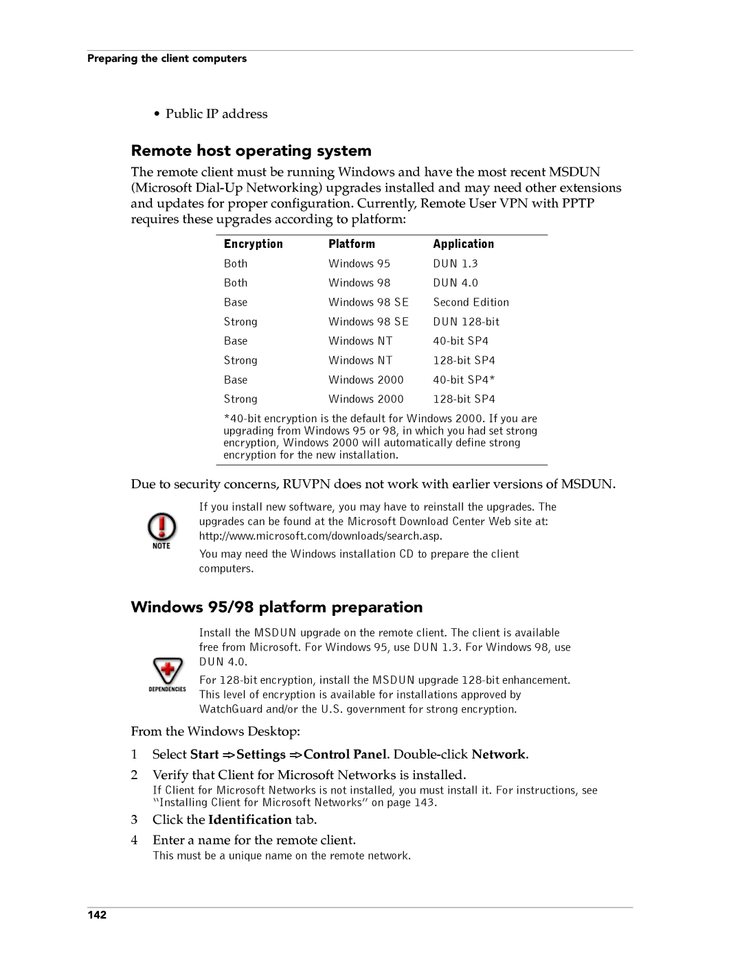 WatchGuard Technologies FireboxTM System 4.6 manual Remote host operating system, Windows 95/98 platform preparation 