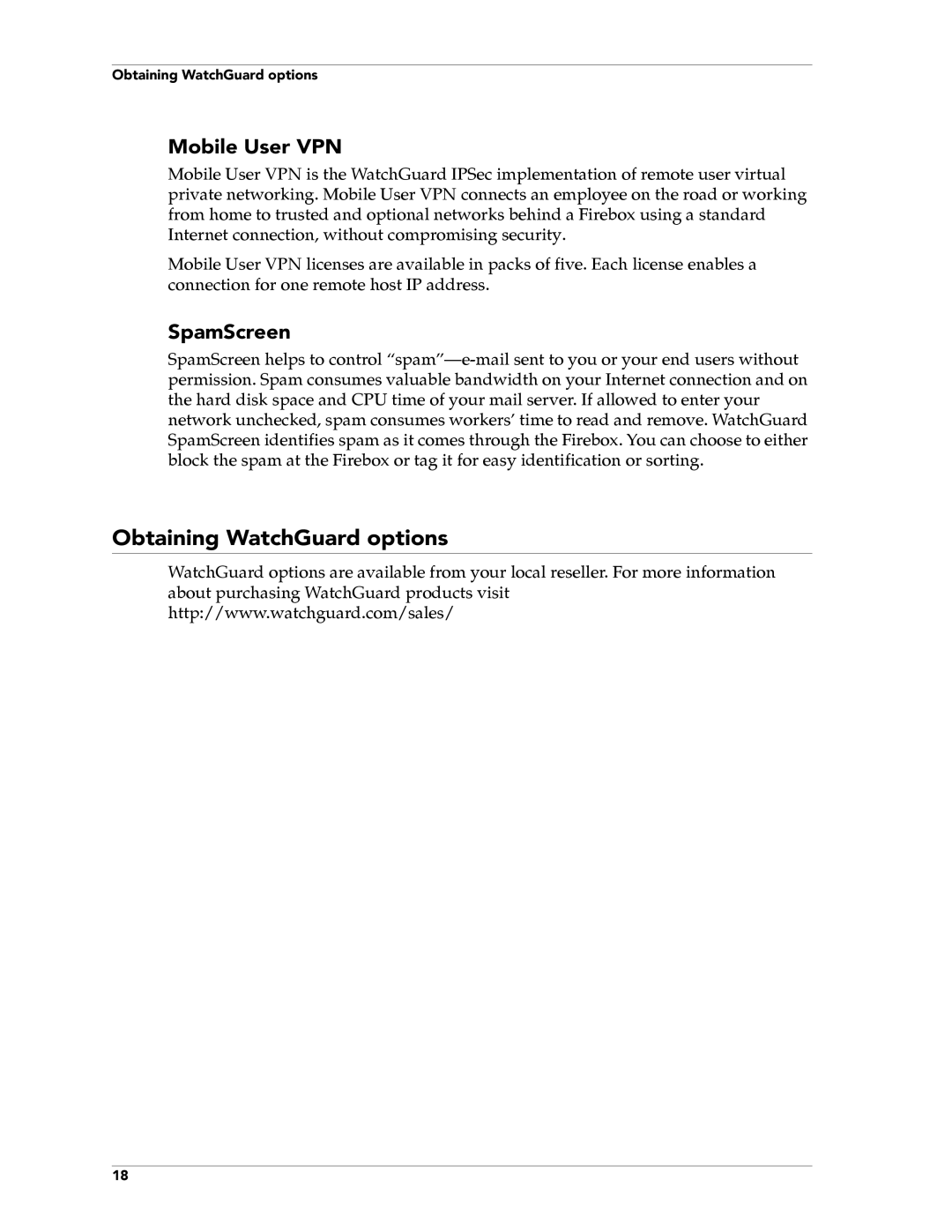 WatchGuard Technologies FireboxTM System 4.6 manual Obtaining WatchGuard options, Mobile User VPN, SpamScreen 