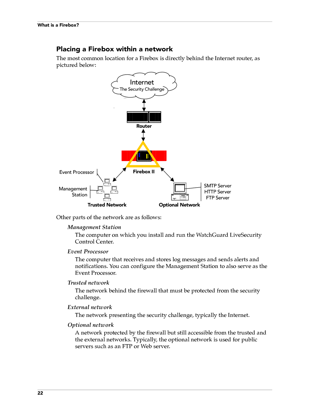 WatchGuard Technologies FireboxTM System 4.6 manual Placing a Firebox within a network 