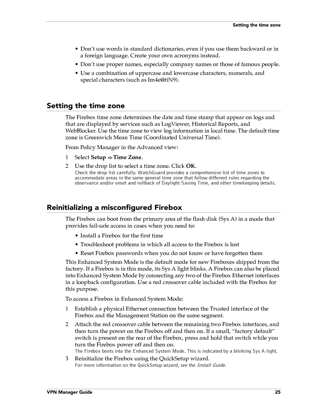 WatchGuard Technologies FireboxTM System 4.6 manual Setting the time zone, Reinitializing a misconfigured Firebox 