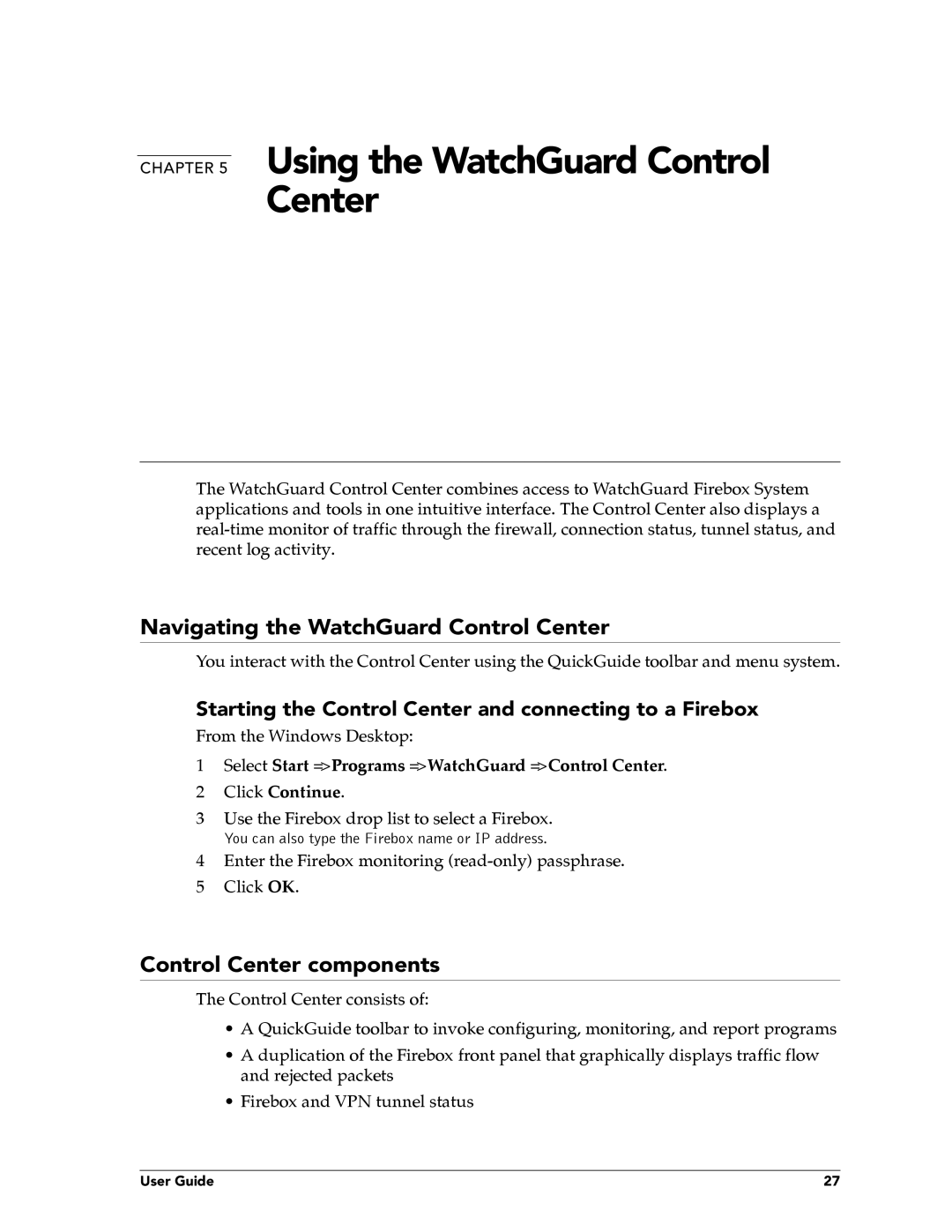 WatchGuard Technologies FireboxTM System 4.6 Using the WatchGuard Control Center, Navigating the WatchGuard Control Center 