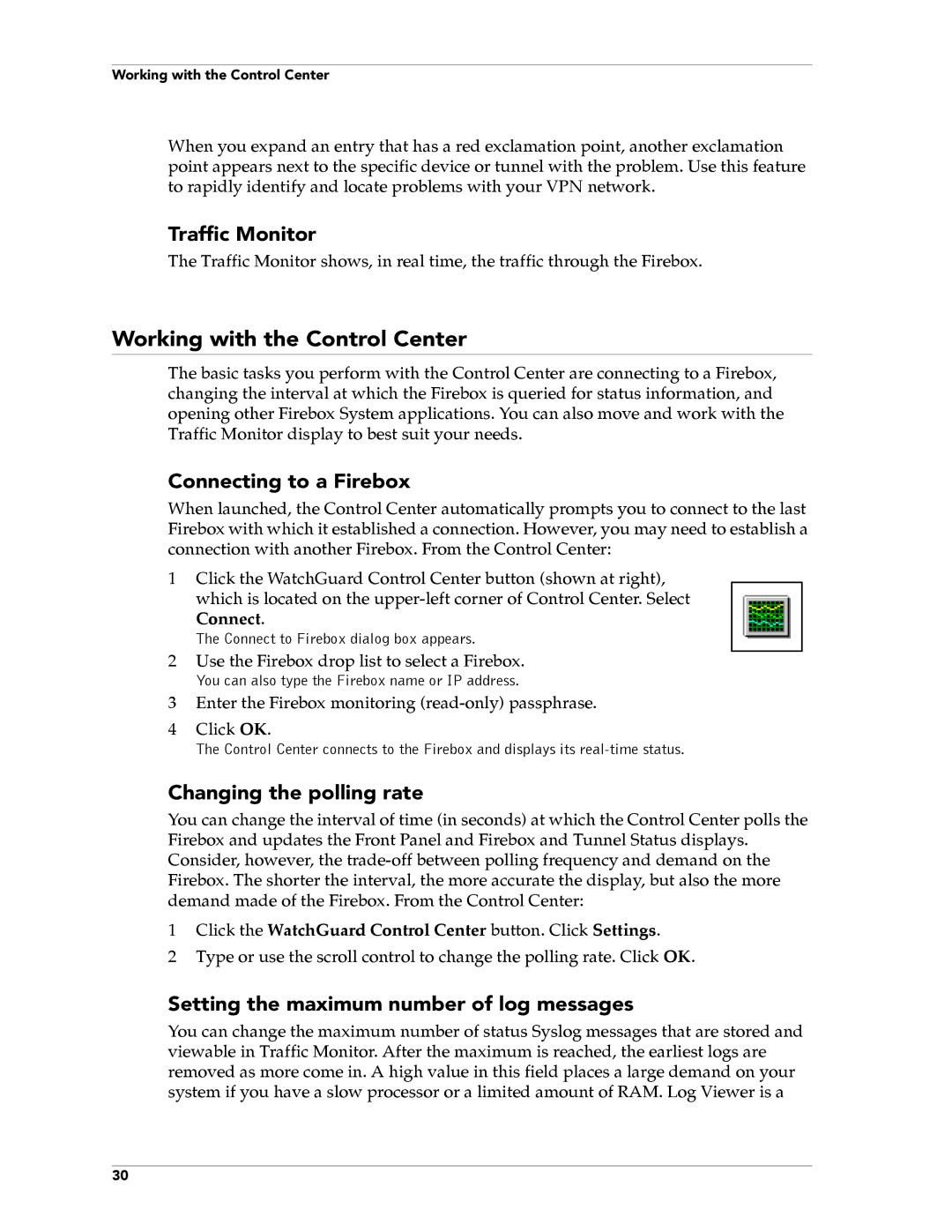 WatchGuard Technologies FireboxTM System 4.6 Working with the Control Center, Traffic Monitor, Connecting to a Firebox 