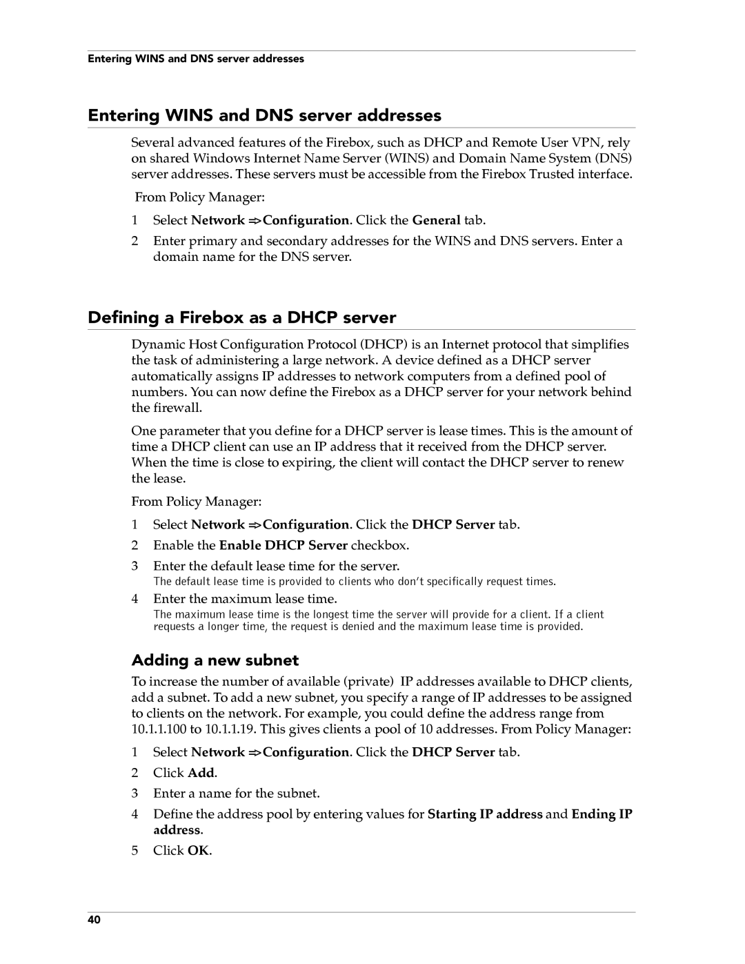 WatchGuard Technologies FireboxTM System 4.6 Entering Wins and DNS server addresses, Defining a Firebox as a Dhcp server 