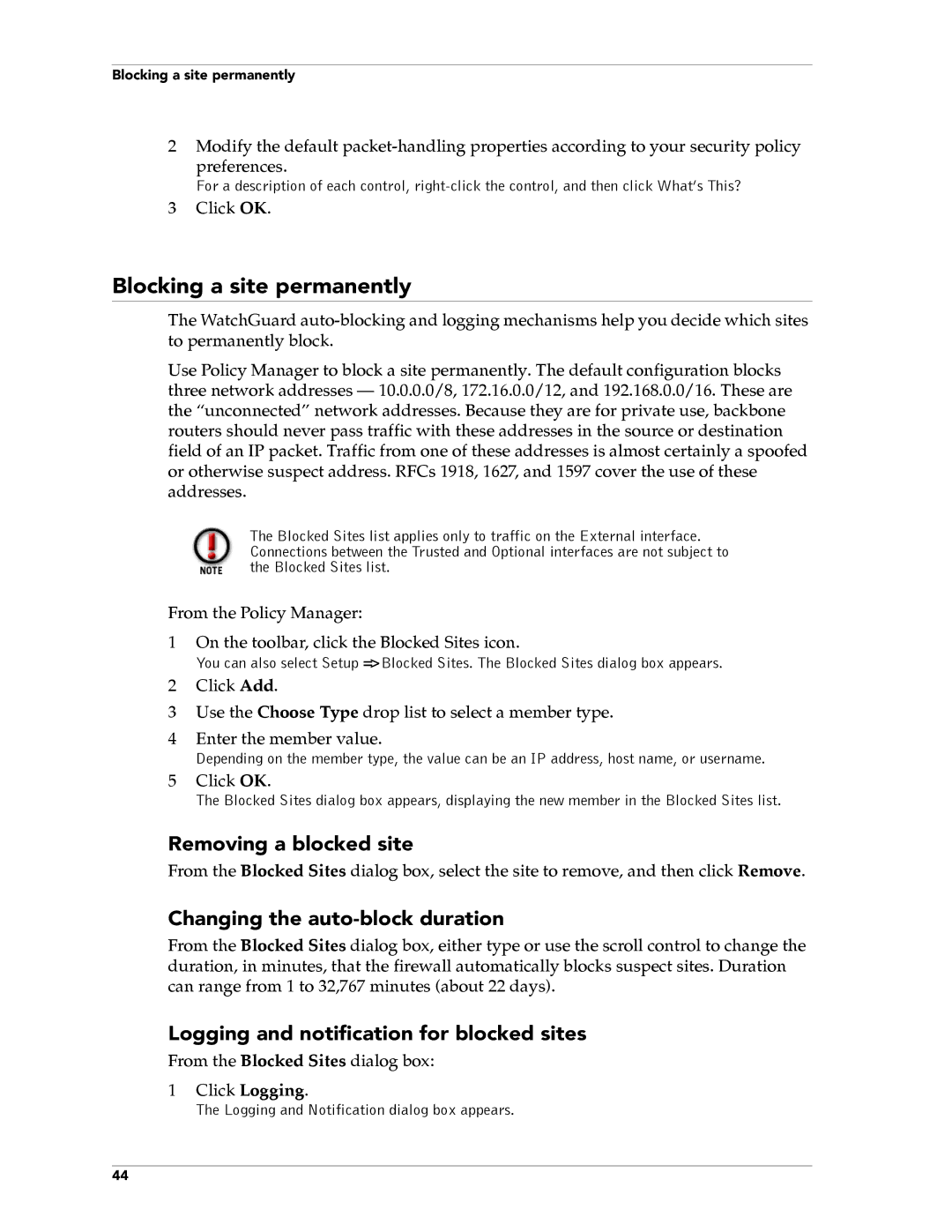WatchGuard Technologies FireboxTM System 4.6 manual Blocking a site permanently, Removing a blocked site 