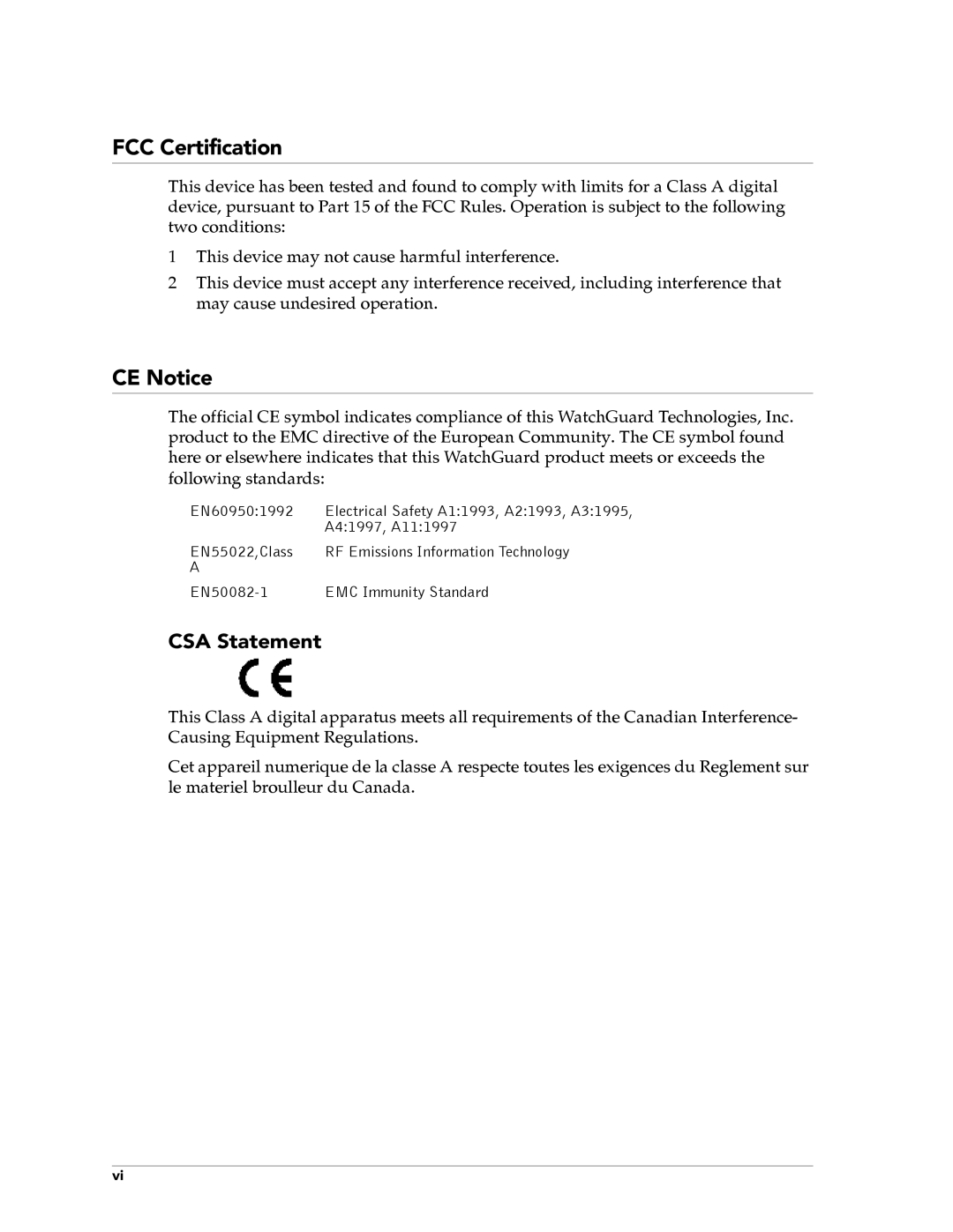 WatchGuard Technologies FireboxTM System 4.6 manual FCC Certification, CE Notice, CSA Statement 