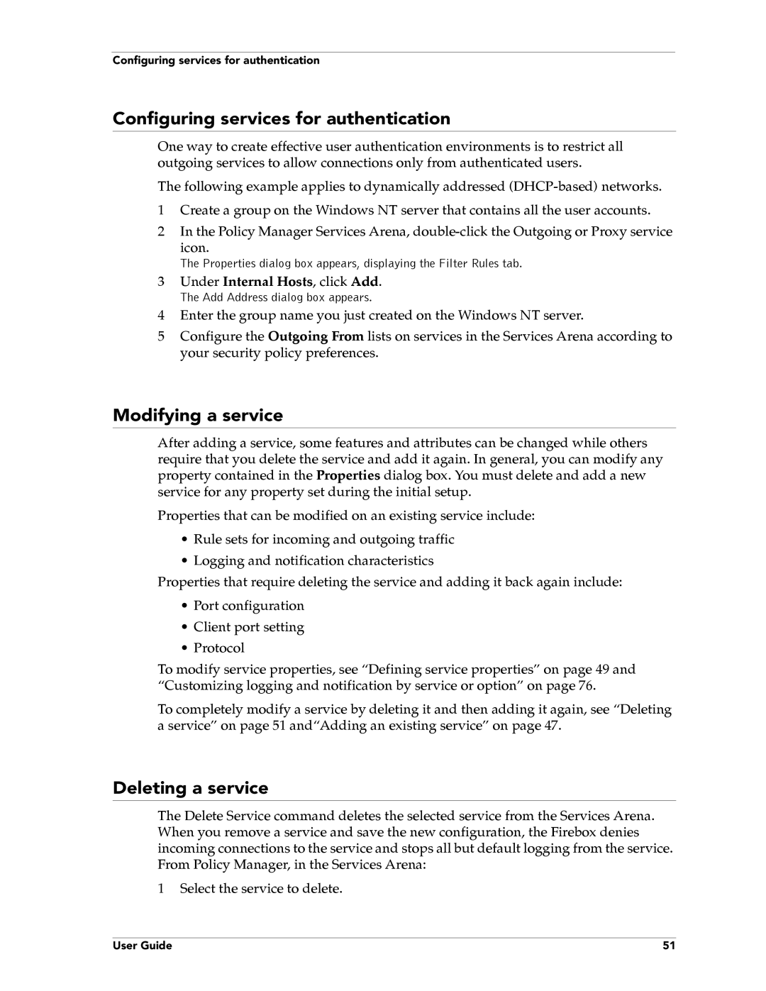 WatchGuard Technologies FireboxTM System 4.6 manual Configuring services for authentication, Modifying a service 