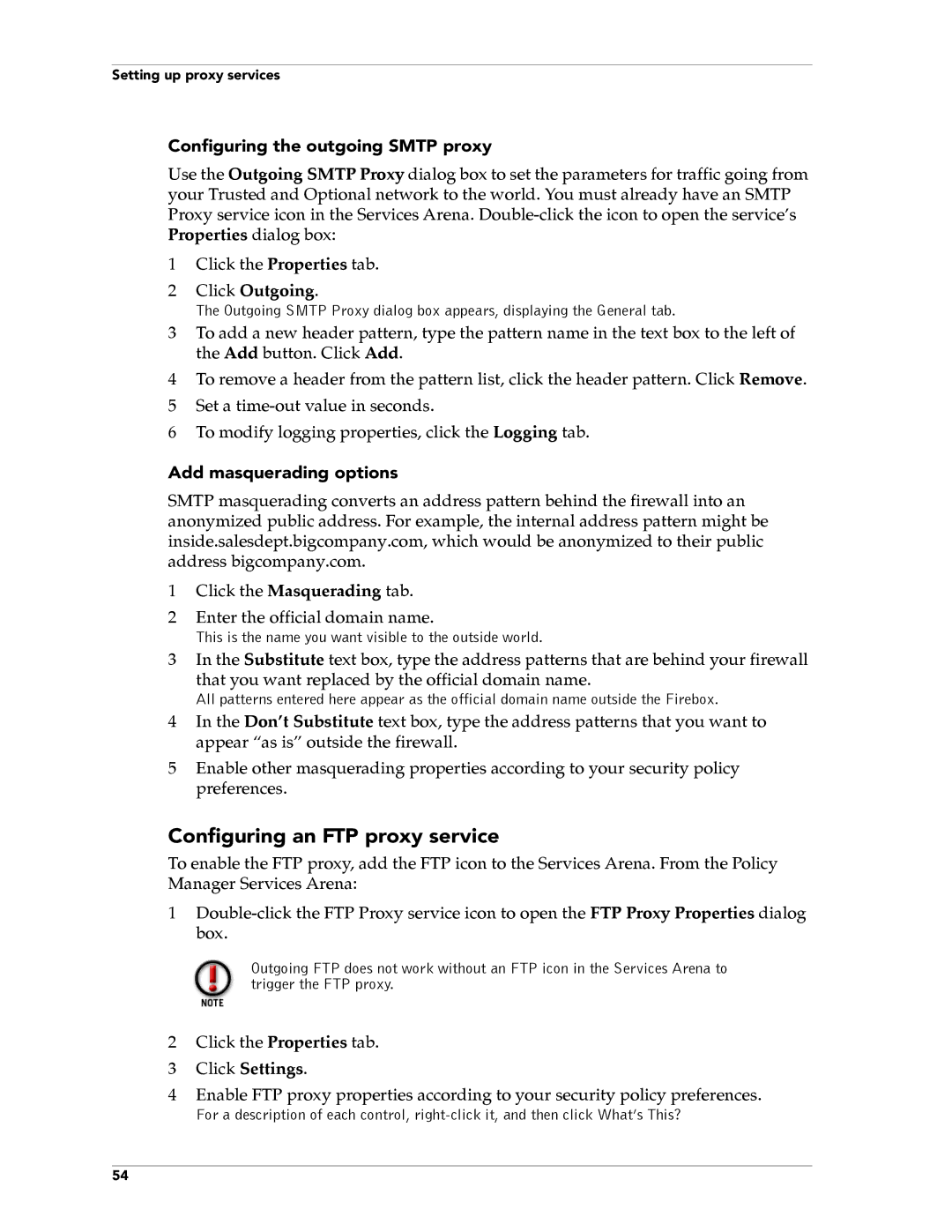 WatchGuard Technologies FireboxTM System 4.6 manual Configuring an FTP proxy service, Configuring the outgoing Smtp proxy 