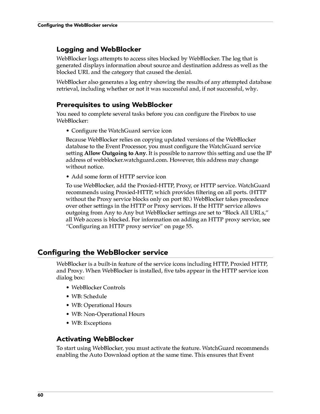 WatchGuard Technologies FireboxTM System 4.6 manual Configuring the WebBlocker service, Logging and WebBlocker 