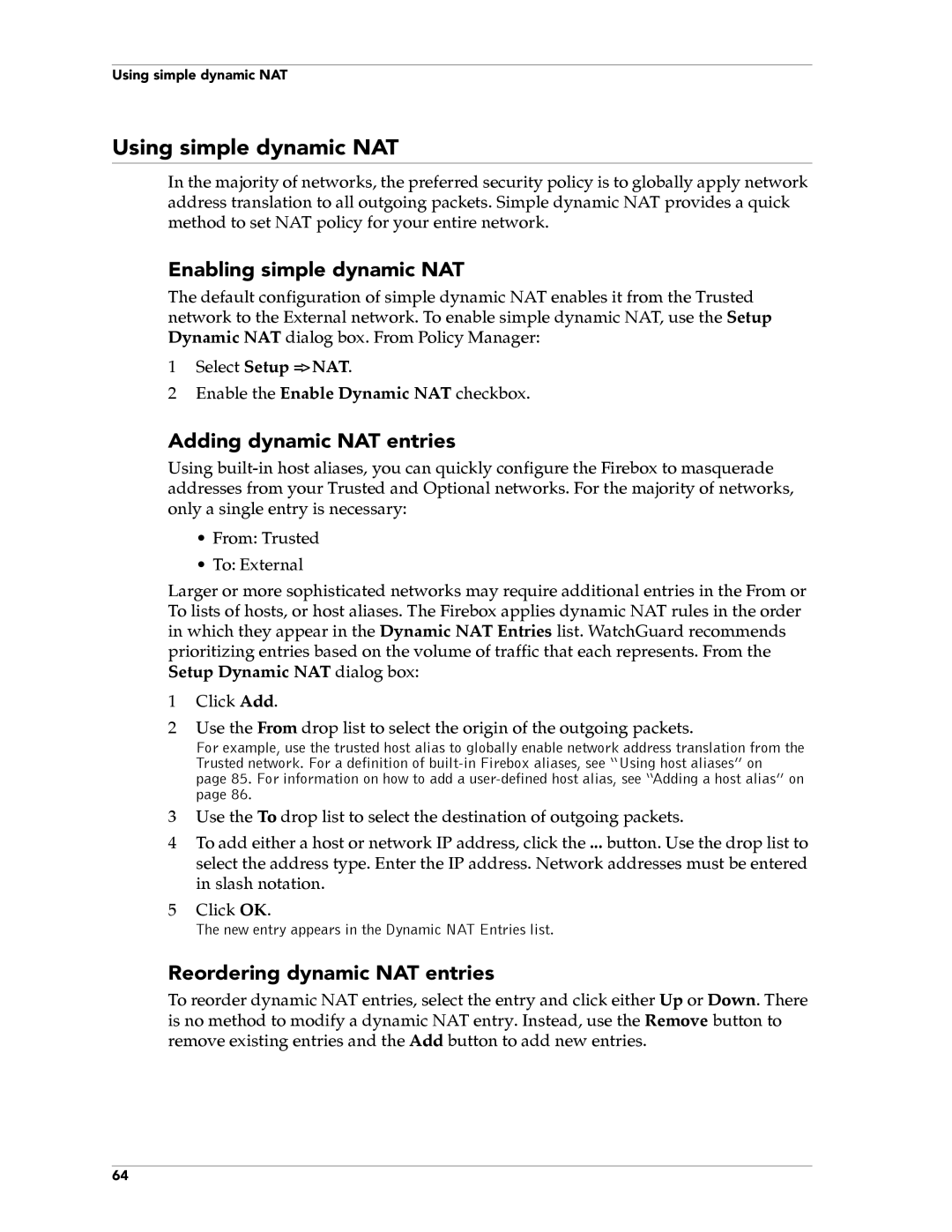 WatchGuard Technologies FireboxTM System 4.6 Using simple dynamic NAT, Enabling simple dynamic NAT, Select Setup = NAT 