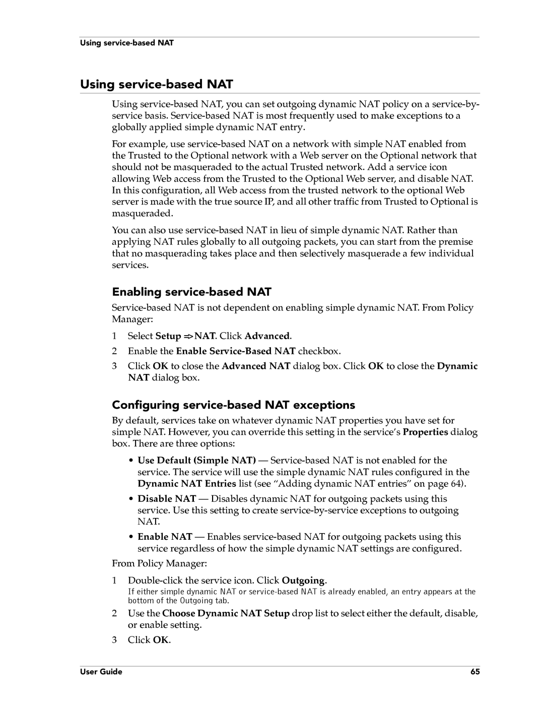 WatchGuard Technologies FireboxTM System 4.6 manual Using service-based NAT, Enabling service-based NAT 