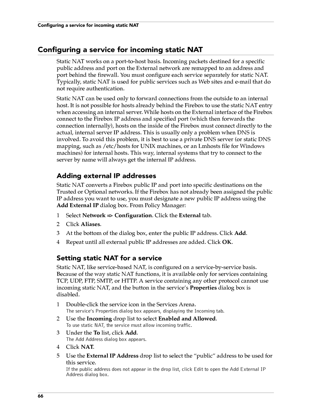 WatchGuard Technologies FireboxTM System 4.6 Configuring a service for incoming static NAT, Adding external IP addresses 