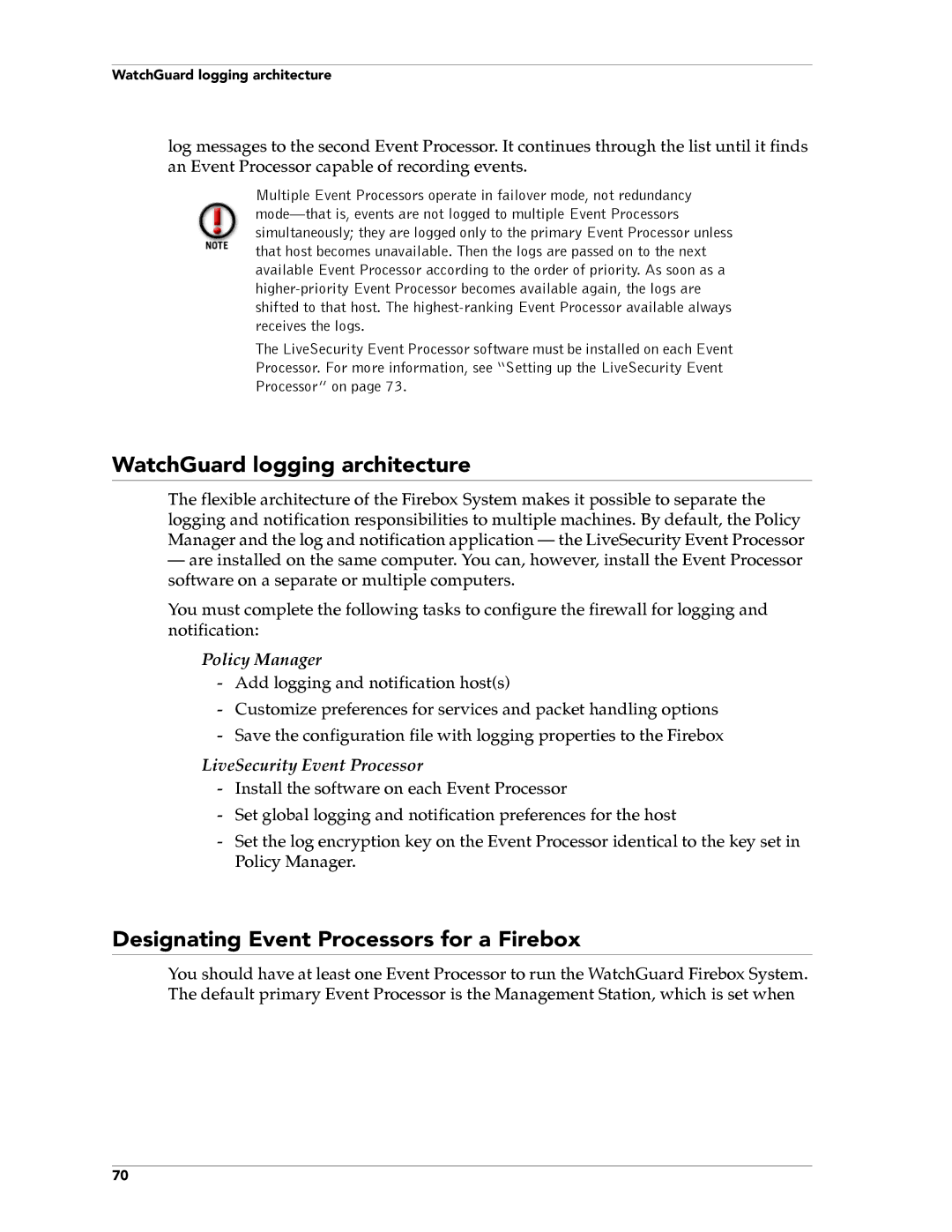 WatchGuard Technologies FireboxTM System 4.6 WatchGuard logging architecture, Designating Event Processors for a Firebox 