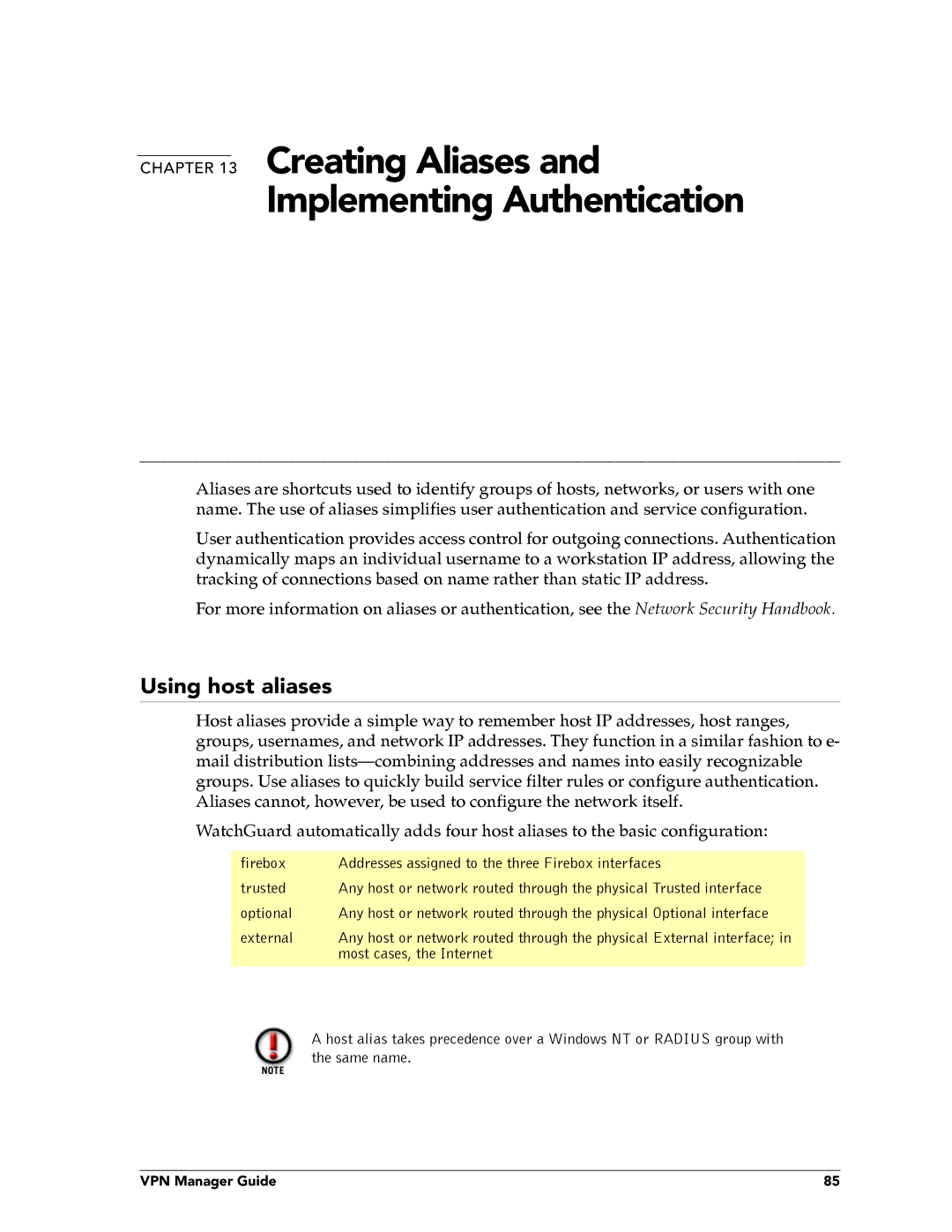 WatchGuard Technologies FireboxTM System 4.6 manual Creating Aliases Implementing Authentication, Using host aliases 