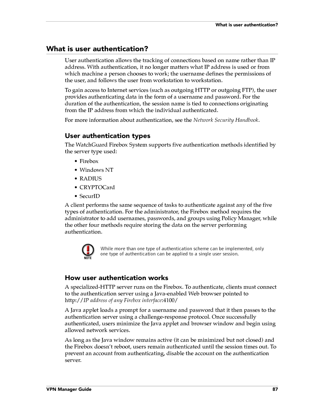 WatchGuard Technologies FireboxTM System 4.6 manual What is user authentication?, User authentication types 