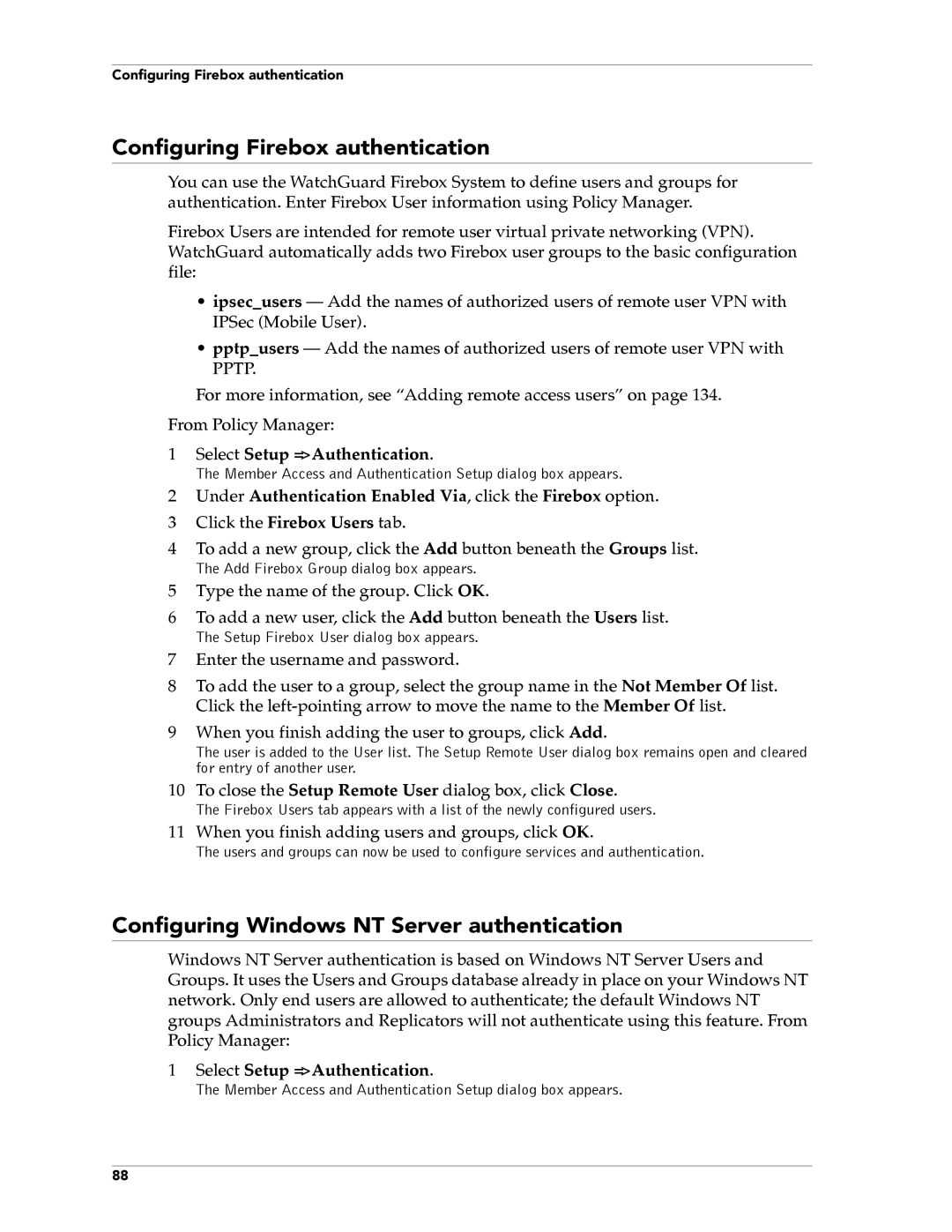 WatchGuard Technologies FireboxTM System 4.6 manual Configuring Firebox authentication 