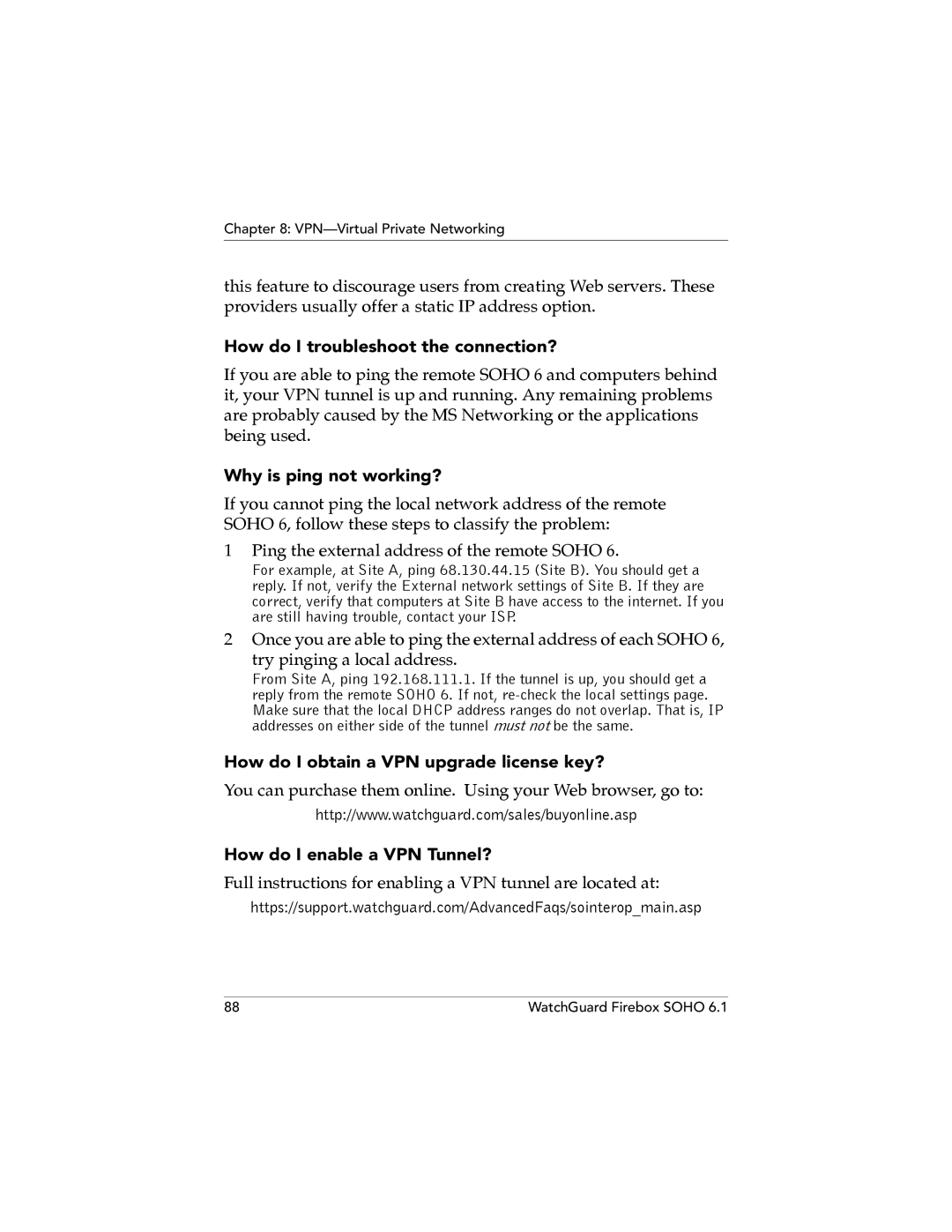 WatchGuard Technologies SOHO 6.1 manual How do I troubleshoot the connection?, Why is ping not working? 