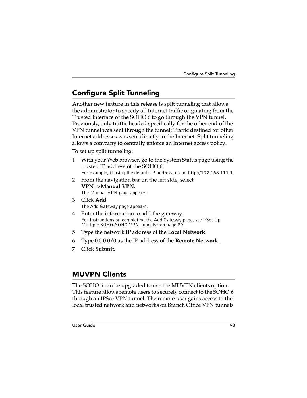 WatchGuard Technologies SOHO 6.1 manual Configure Split Tunneling, Muvpn Clients 