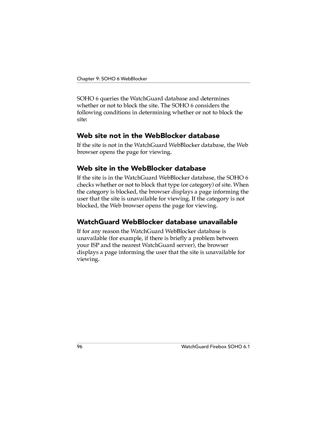 WatchGuard Technologies SOHO 6.1 manual Web site not in the WebBlocker database, Web site in the WebBlocker database 