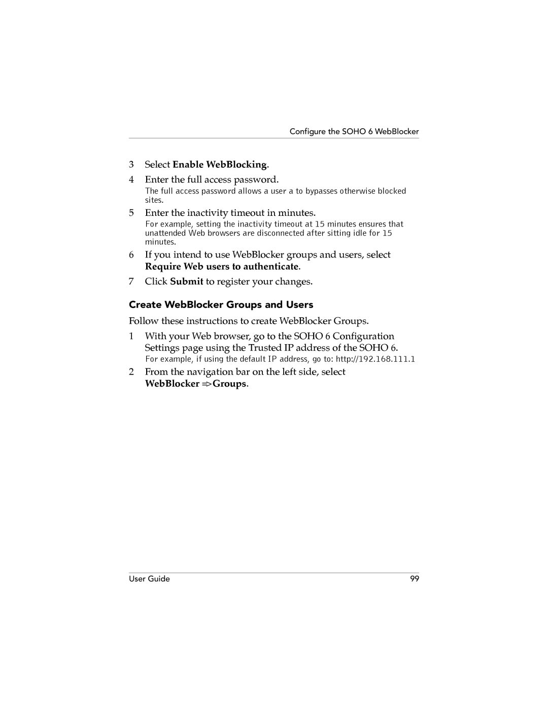 WatchGuard Technologies SOHO 6.1 manual Select Enable WebBlocking, Create WebBlocker Groups and Users 