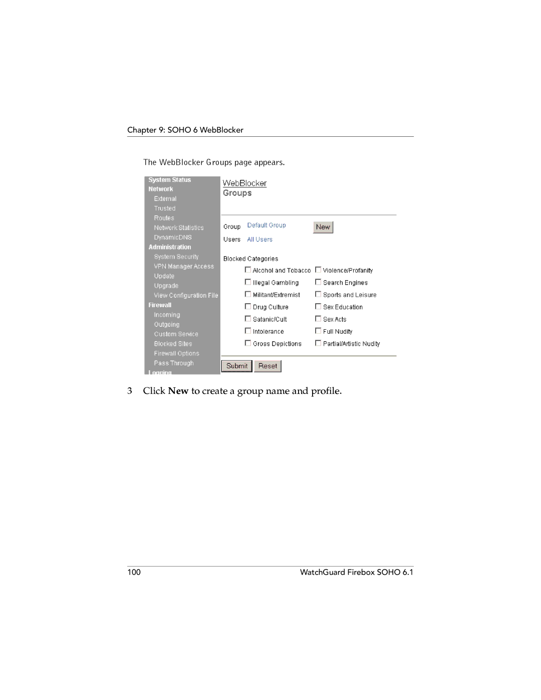 WatchGuard Technologies SOHO 6.1 manual Click New to create a group name and profile 