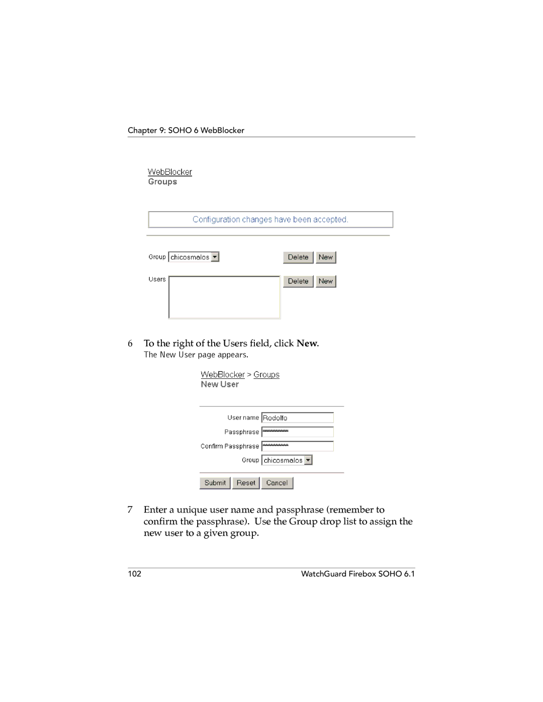 WatchGuard Technologies SOHO 6.1 manual To the right of the Users field, click New 