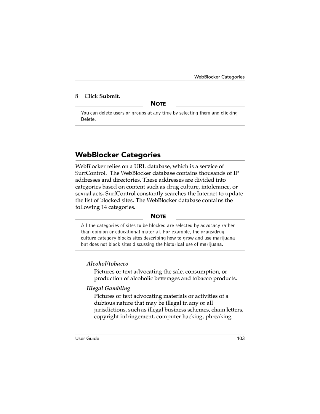 WatchGuard Technologies SOHO 6.1 manual WebBlocker Categories, Alcohol/tobacco, Illegal Gambling 