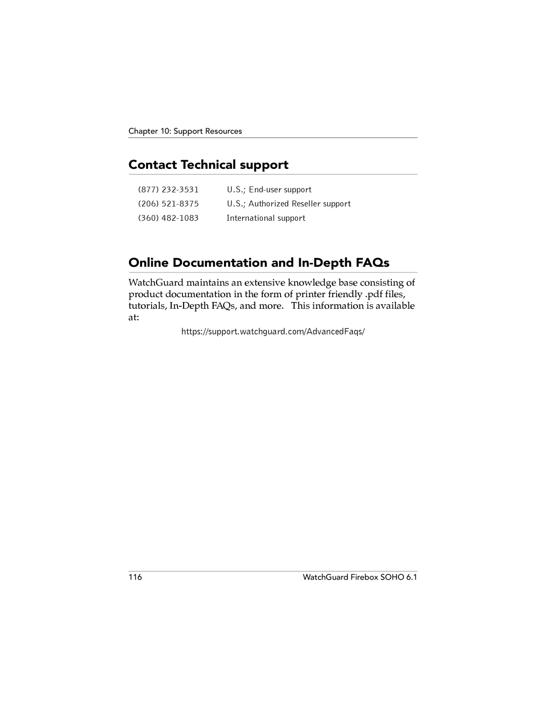 WatchGuard Technologies SOHO 6.1 manual Contact Technical support, Online Documentation and In-Depth FAQs 