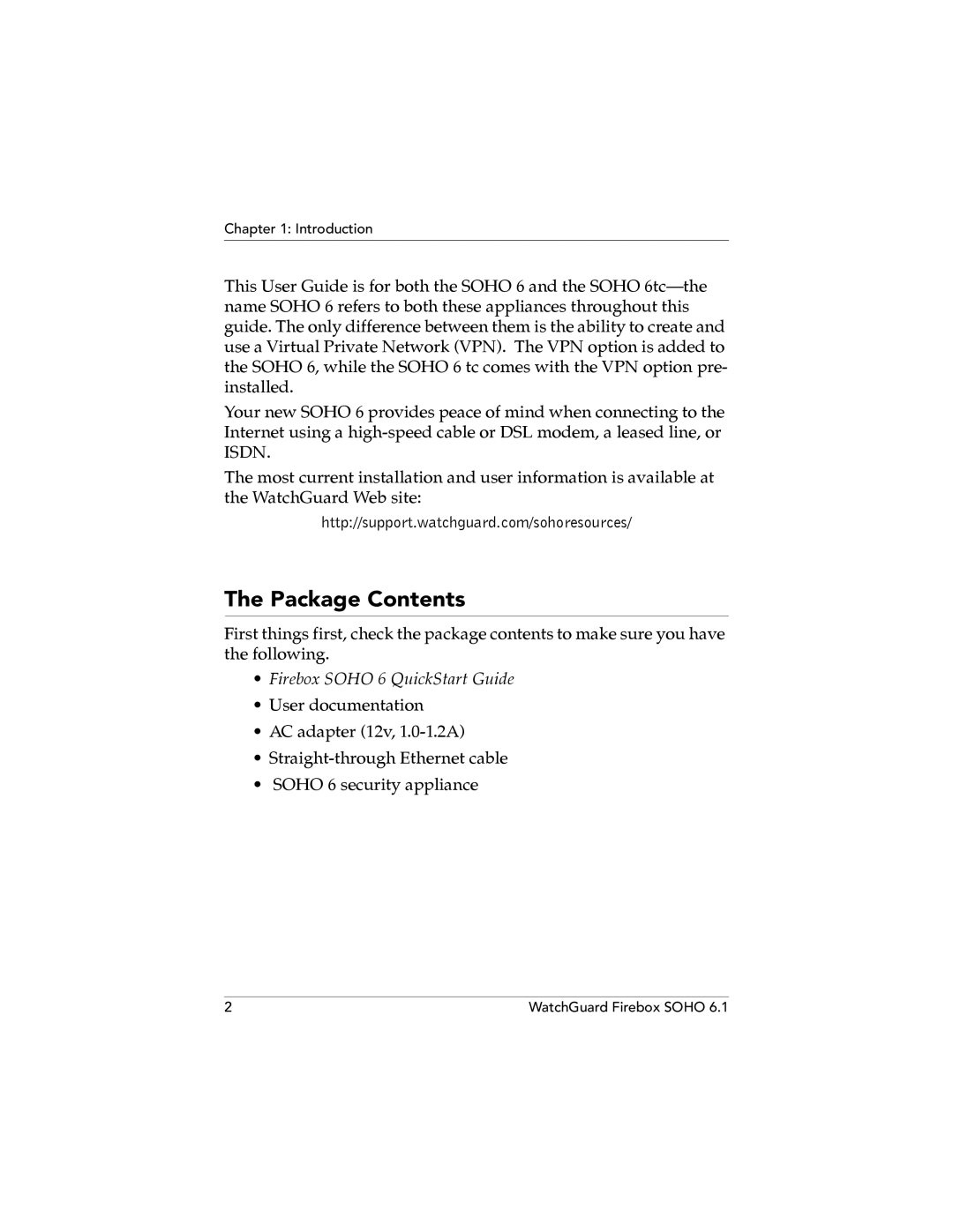 WatchGuard Technologies SOHO 6.1 manual Package Contents 