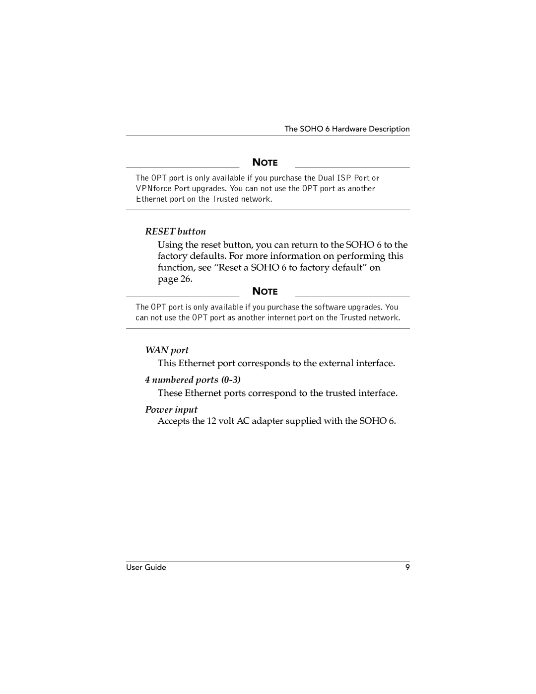 WatchGuard Technologies SOHO 6.1 manual Reset button, WAN port, Numbered ports, Power input 