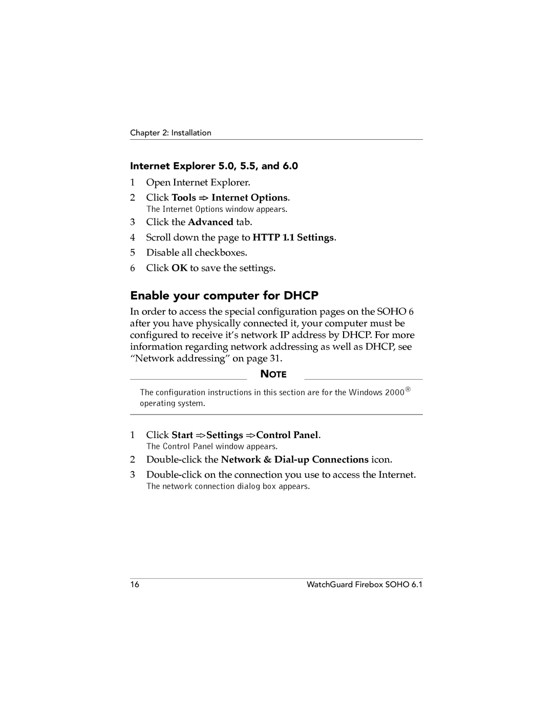 WatchGuard Technologies SOHO 6 Enable your computer for Dhcp, Internet Explorer 5.0, 5.5, Click Tools = Internet Options 