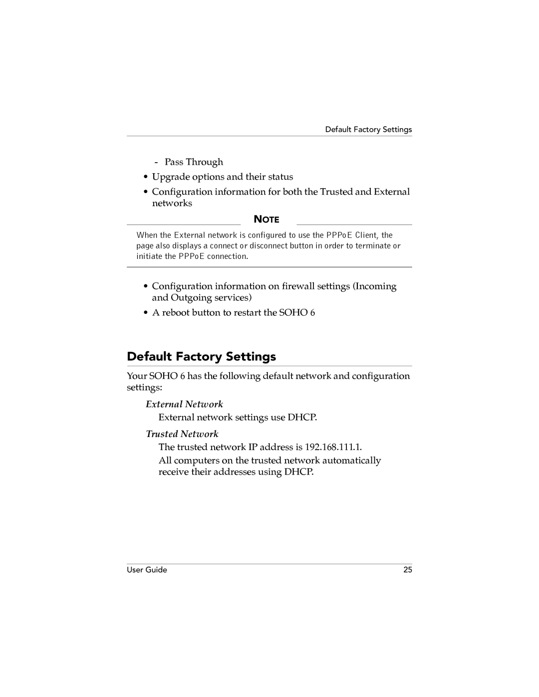 WatchGuard Technologies SOHO 6.1 manual Default Factory Settings, External Network, Trusted Network 