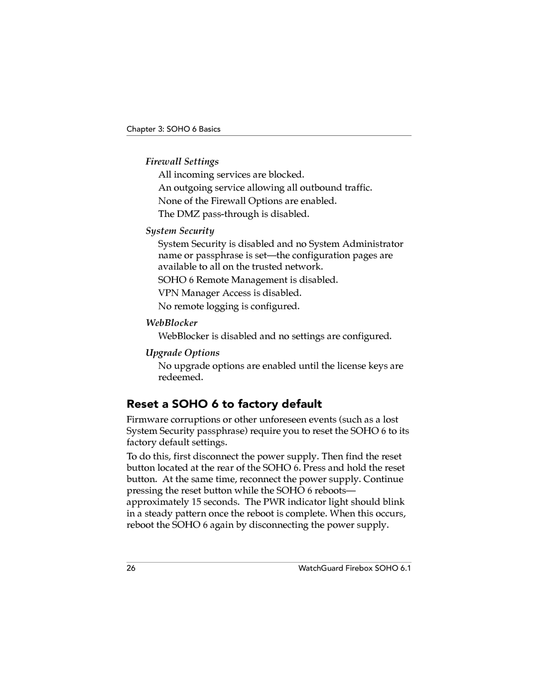 WatchGuard Technologies SOHO 6.1 Reset a Soho 6 to factory default, Firewall Settings, System Security, WebBlocker 
