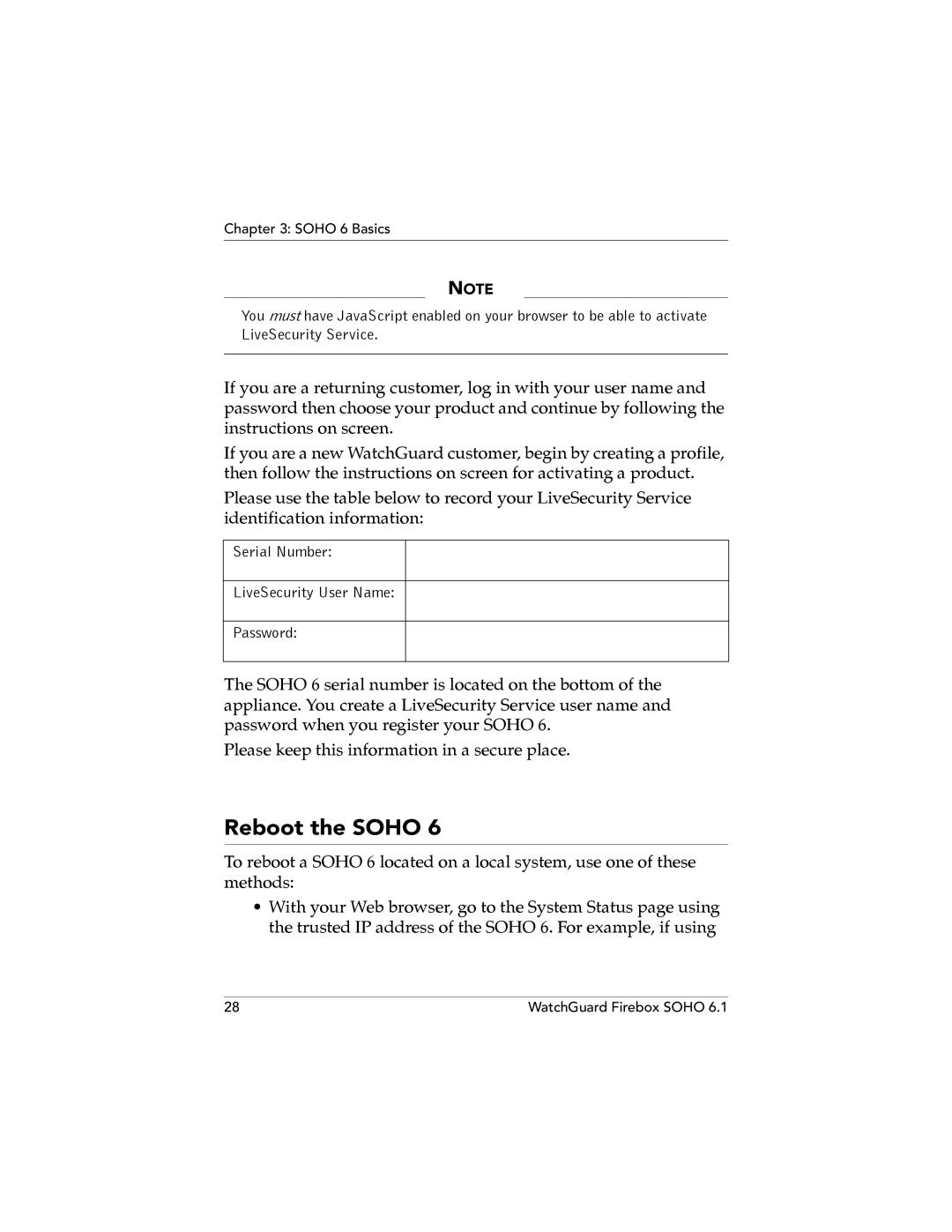 WatchGuard Technologies SOHO 6.1 manual Reboot the Soho 
