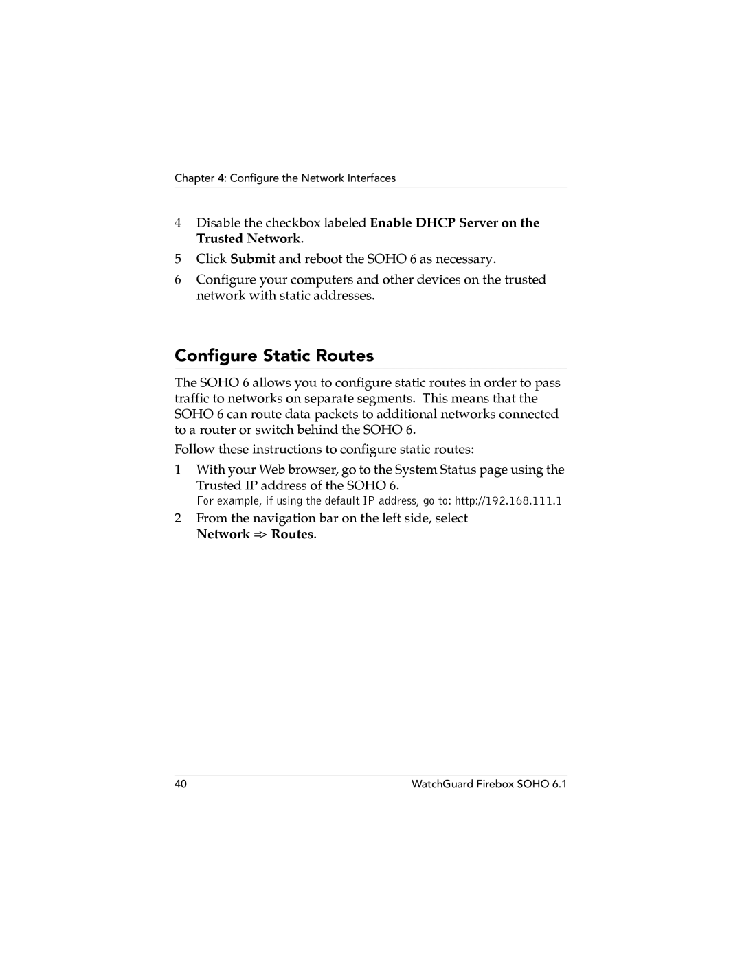 WatchGuard Technologies SOHO 6.1 manual Configure Static Routes 