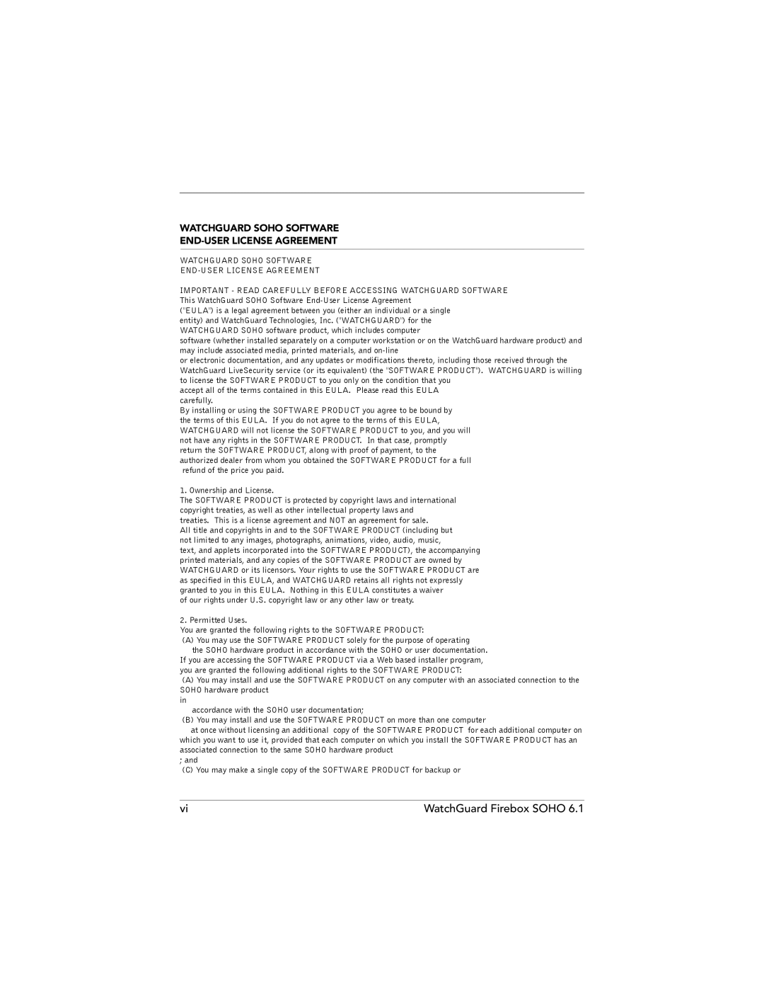 WatchGuard Technologies SOHO 6.1 manual Watchguard Soho Software END-USER License Agreement 