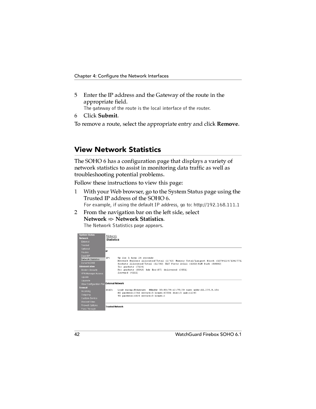 WatchGuard Technologies SOHO 6.1 manual View Network Statistics, Network = Network Statistics 