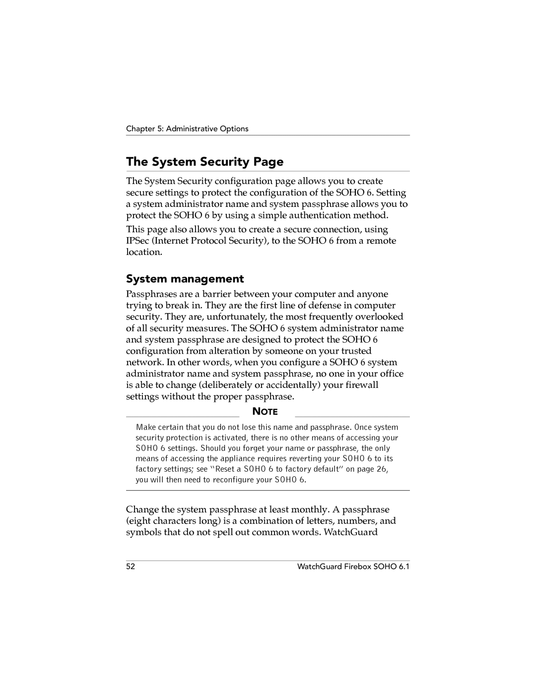 WatchGuard Technologies SOHO 6.1 manual System Security, System management 