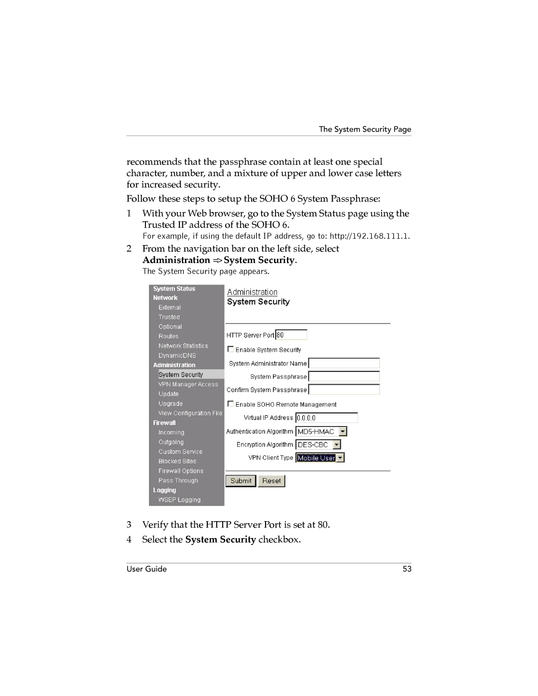 WatchGuard Technologies SOHO 6.1 manual Administration = System Security 