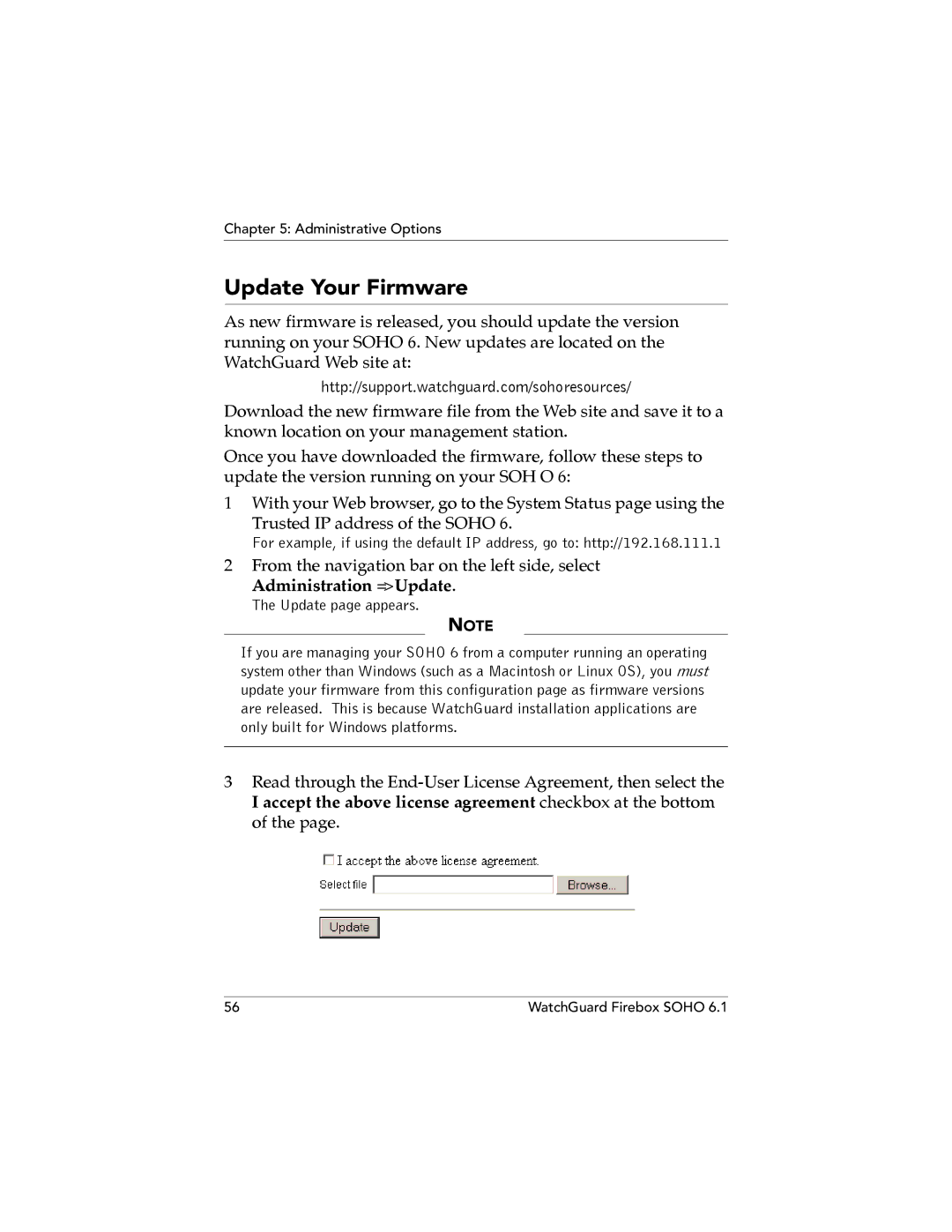 WatchGuard Technologies SOHO 6.1 manual Update Your Firmware, Administration = Update 