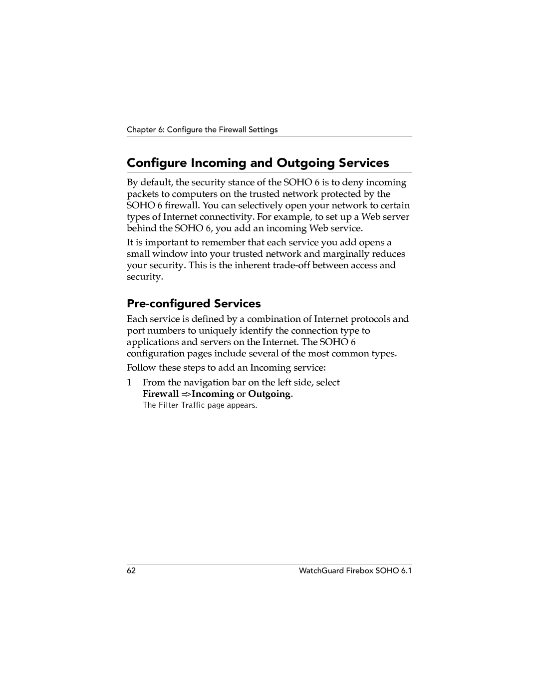 WatchGuard Technologies SOHO 6.1 manual Configure Incoming and Outgoing Services, Pre-configured Services 
