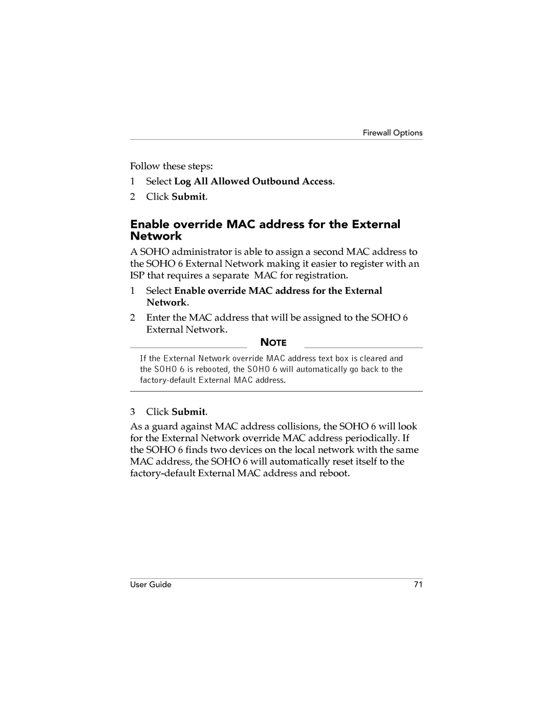 WatchGuard Technologies SOHO 6.1 manual Enable override MAC address for the External Network 