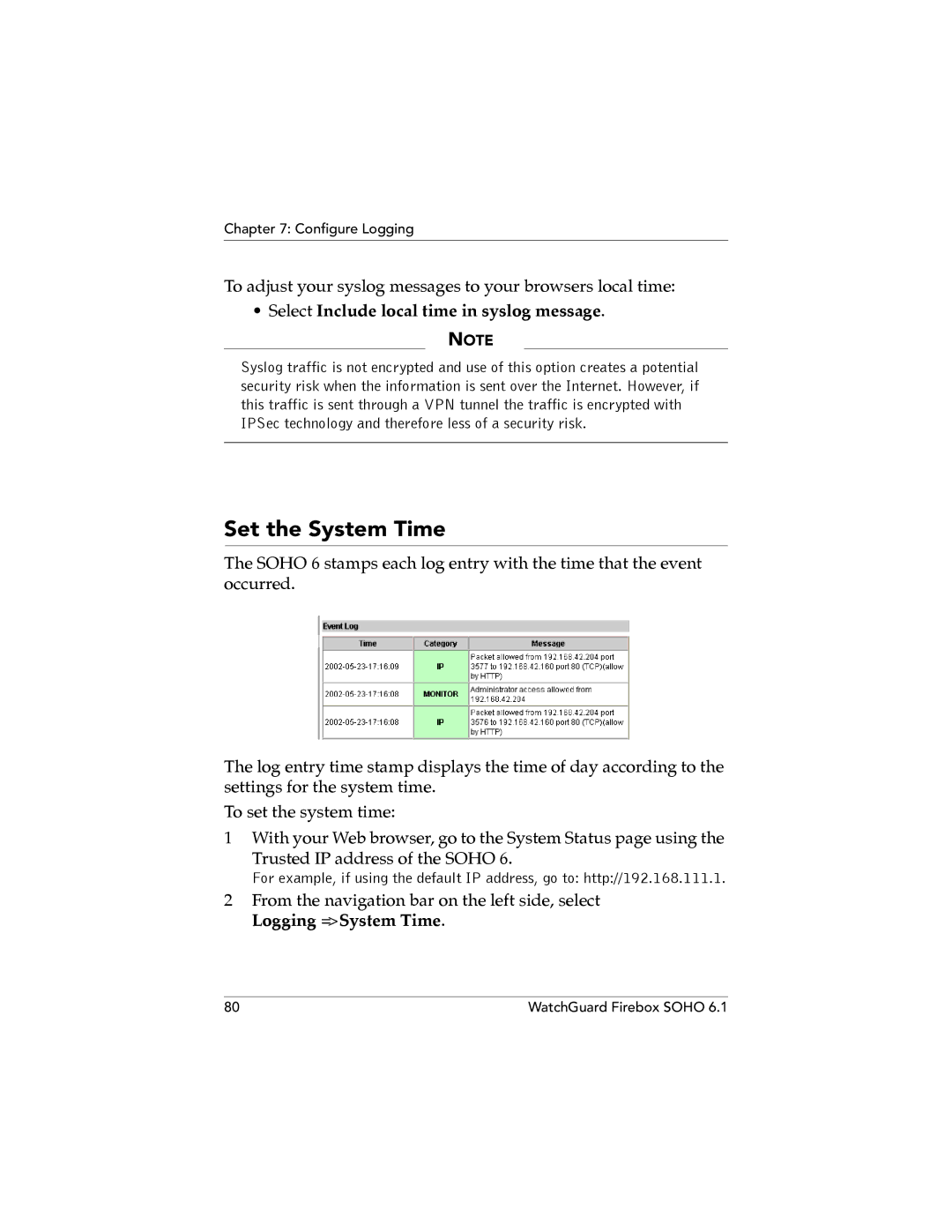 WatchGuard Technologies SOHO 6.1 manual Set the System Time, Select Include local time in syslog message 