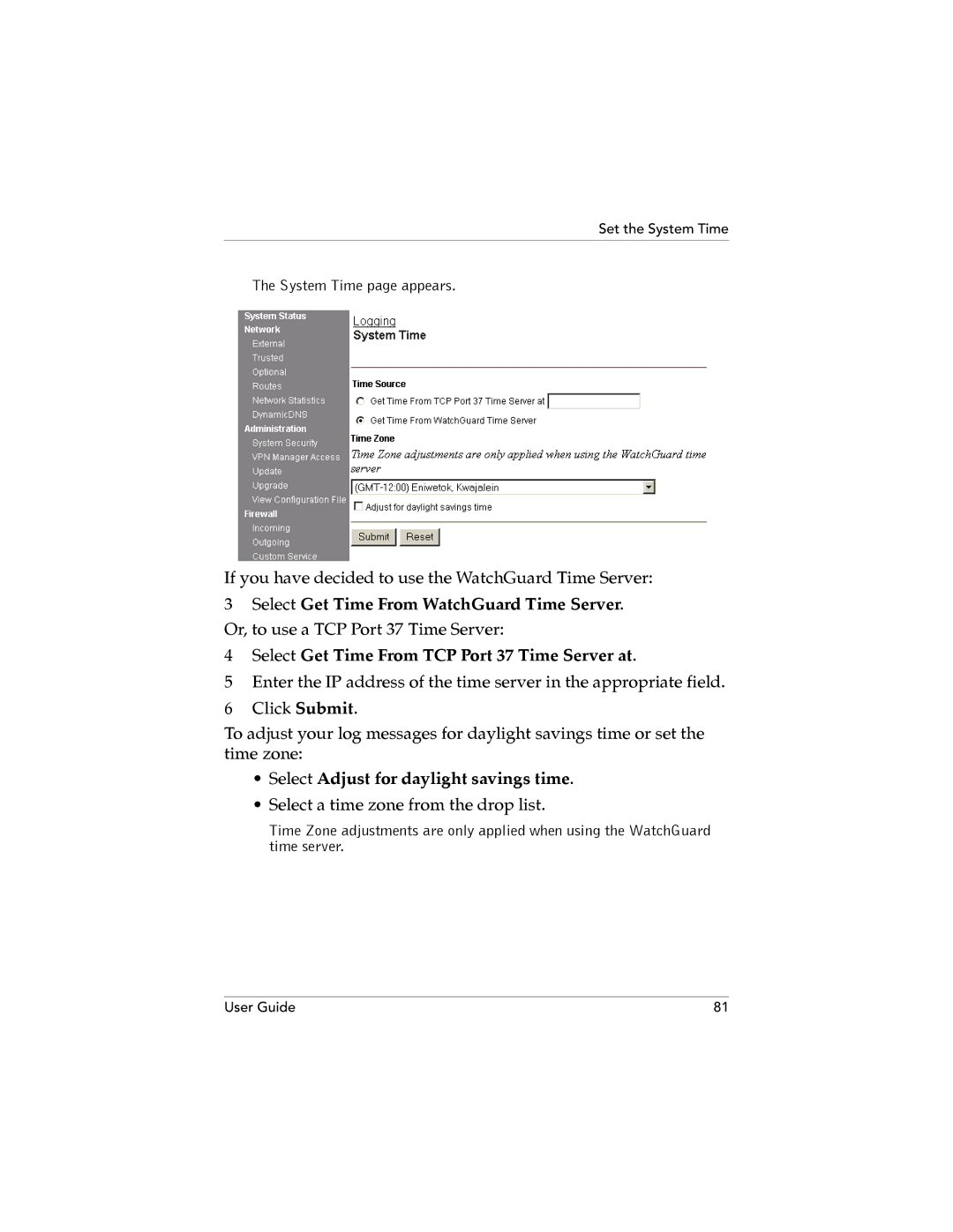 WatchGuard Technologies SOHO 6.1 manual Select Adjust for daylight savings time, Select a time zone from the drop list 