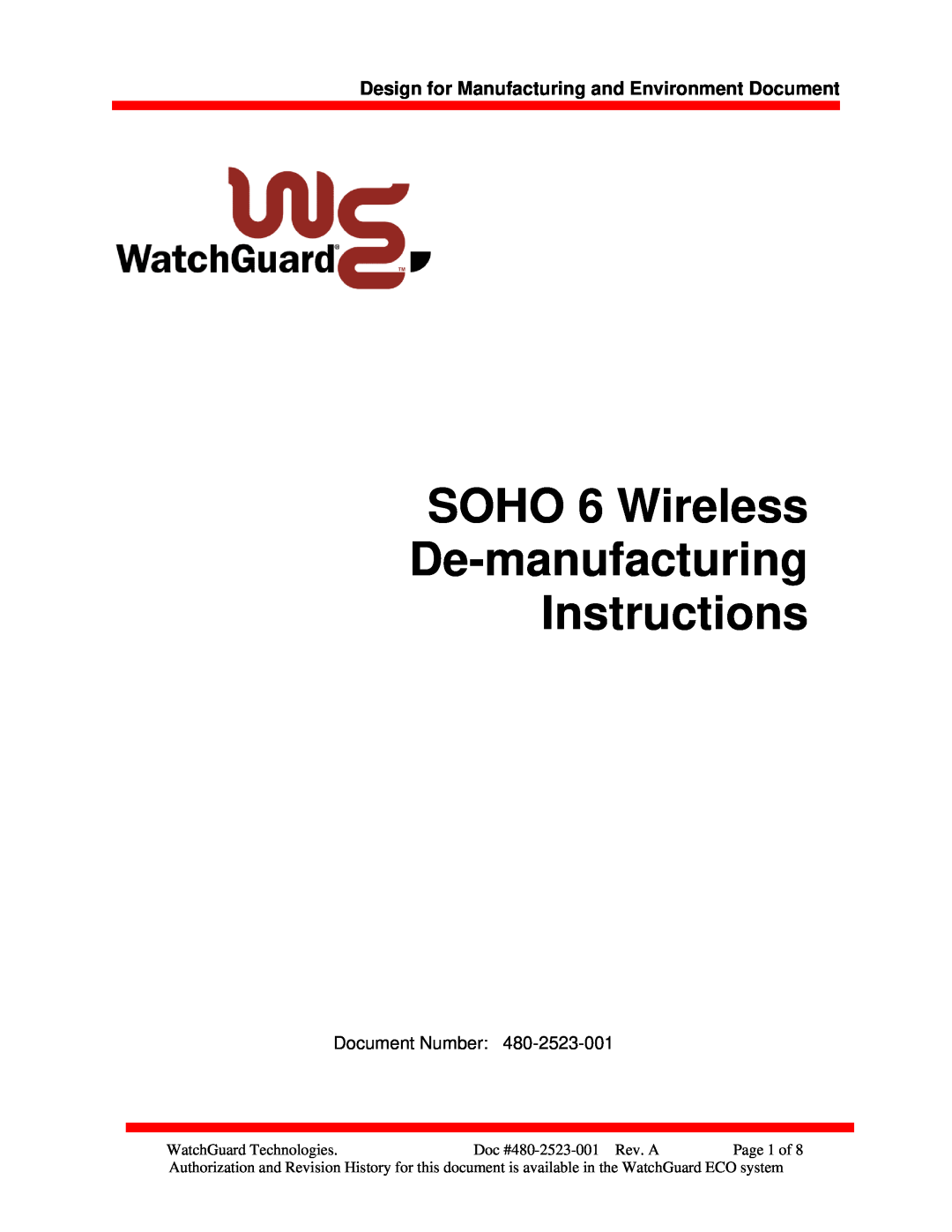 WatchGuard Technologies SOHO 6 manual Design for Manufacturing and Environment Document, Document Number 