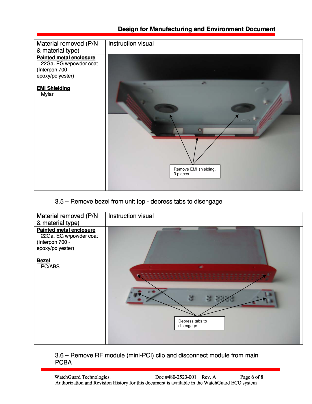 WatchGuard Technologies SOHO 6 manual Remove EMI shielding. 3 places, Depress tabs to disengage 
