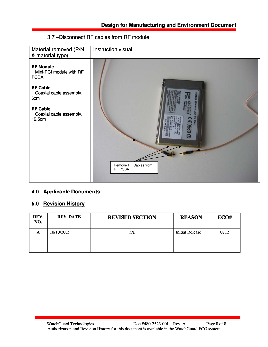 WatchGuard Technologies SOHO 6 Disconnect RF cables from RF module, Applicable Documents 5.0 Revision History, RF Module 