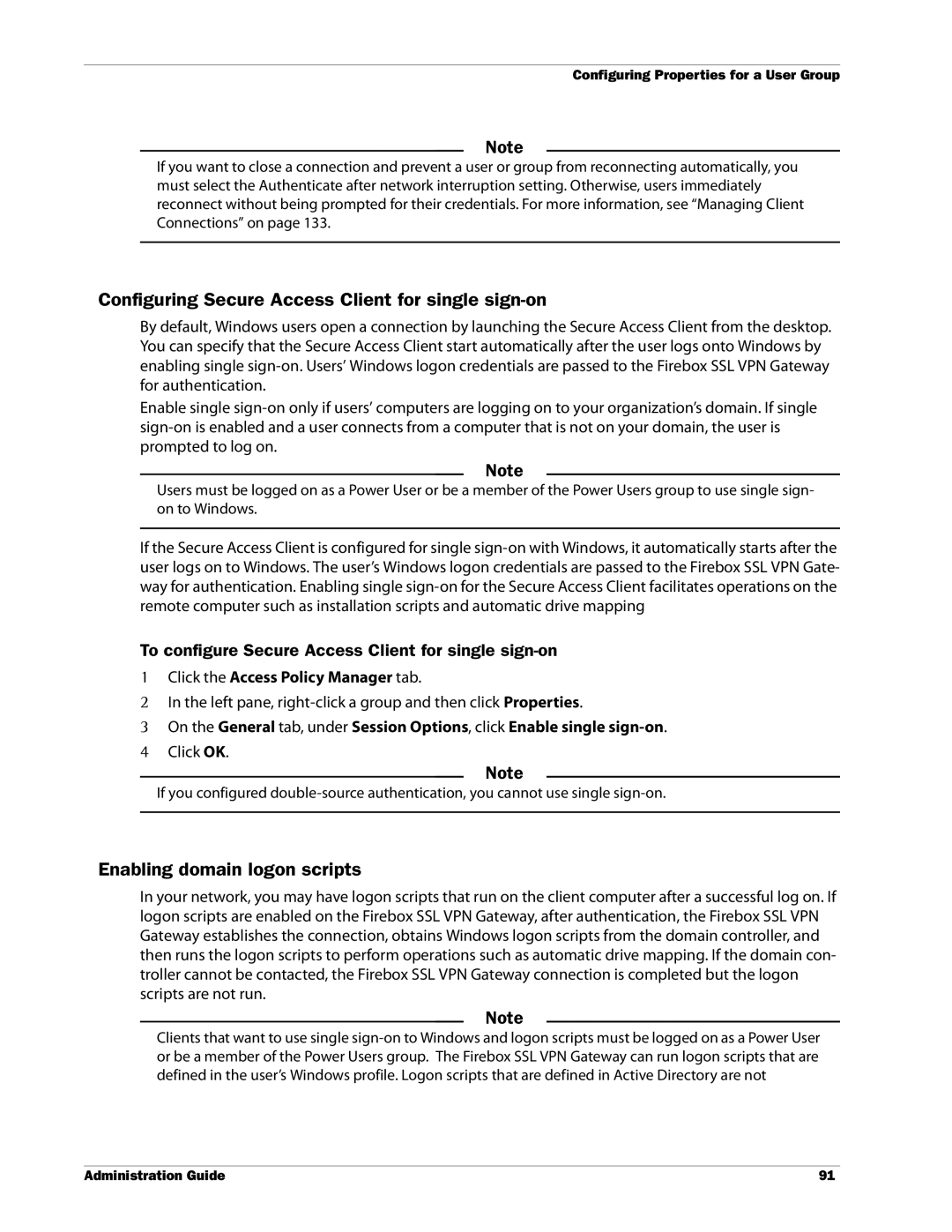 WatchGuard Technologies SSL VPN manual Configuring Secure Access Client for single sign-on, Enabling domain logon scripts 